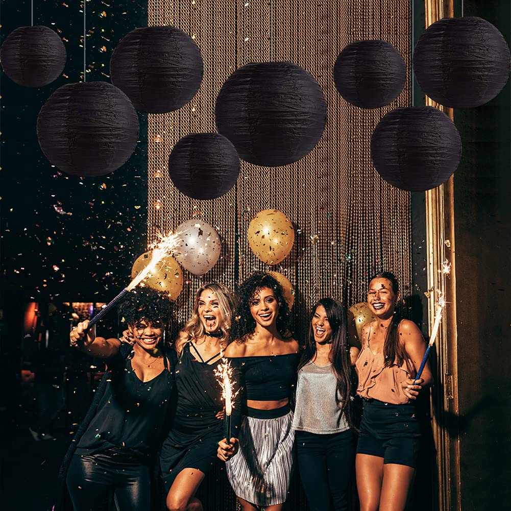 Famolay Black Paper Lanterns 12 Pcs Assorted Size Of 6'' 8'' 10'' 12'' Chinese Round Paper Hanging Decorations Ball Lanterns Lam