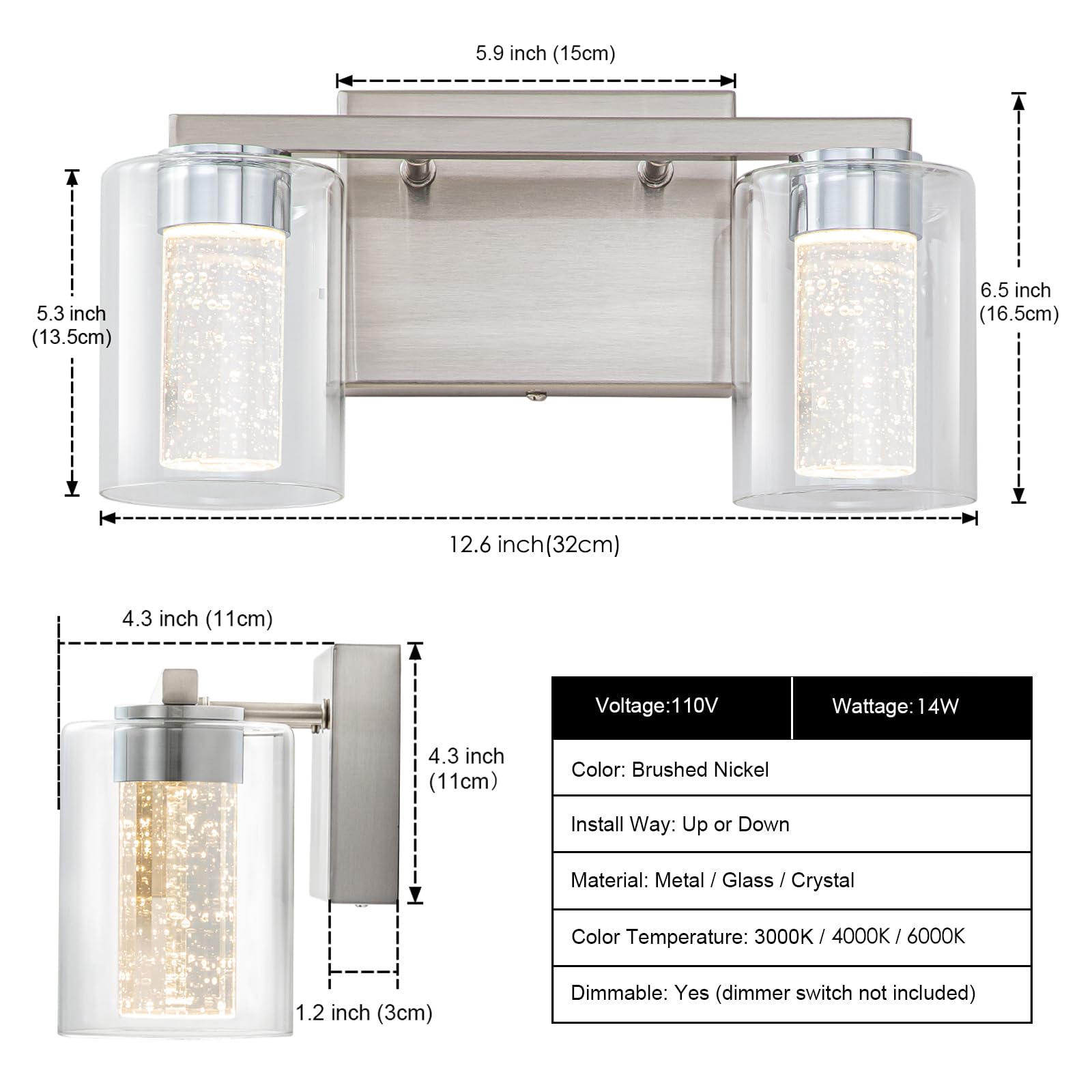 Sinerise 2-Light Brushed Nickel Vanity Light With 3 Color Modes (3000K/4000K/6000K), Eye Protection Led Bathroom Light Fixture,