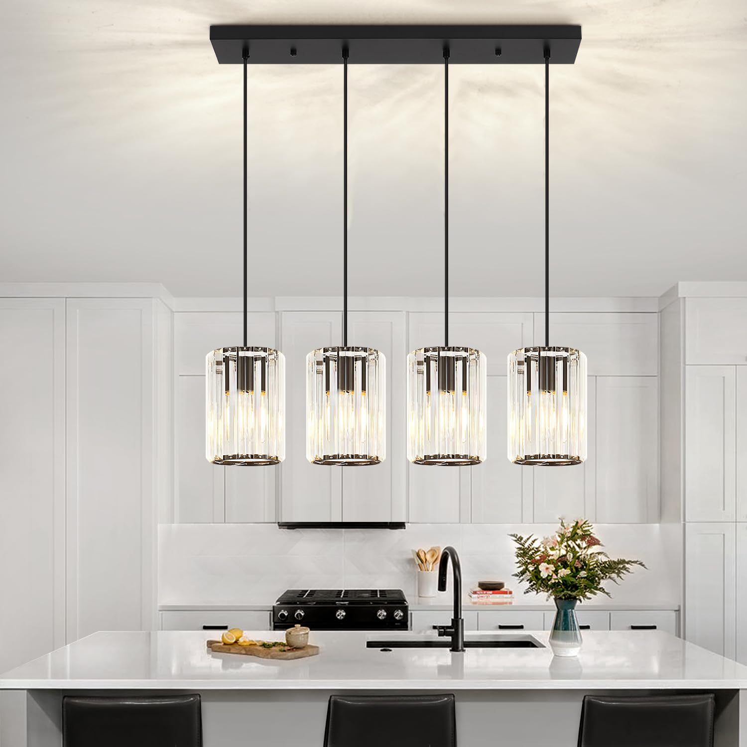 Crystal Kitchen Island Lights  4-Light Modern Chandeliers For Dining Room  Kitchen Pendant Lighting Over Island  Adjustable Height Ceiling Hanging Lights For Kitchen Bedroom Entryway Bathroom