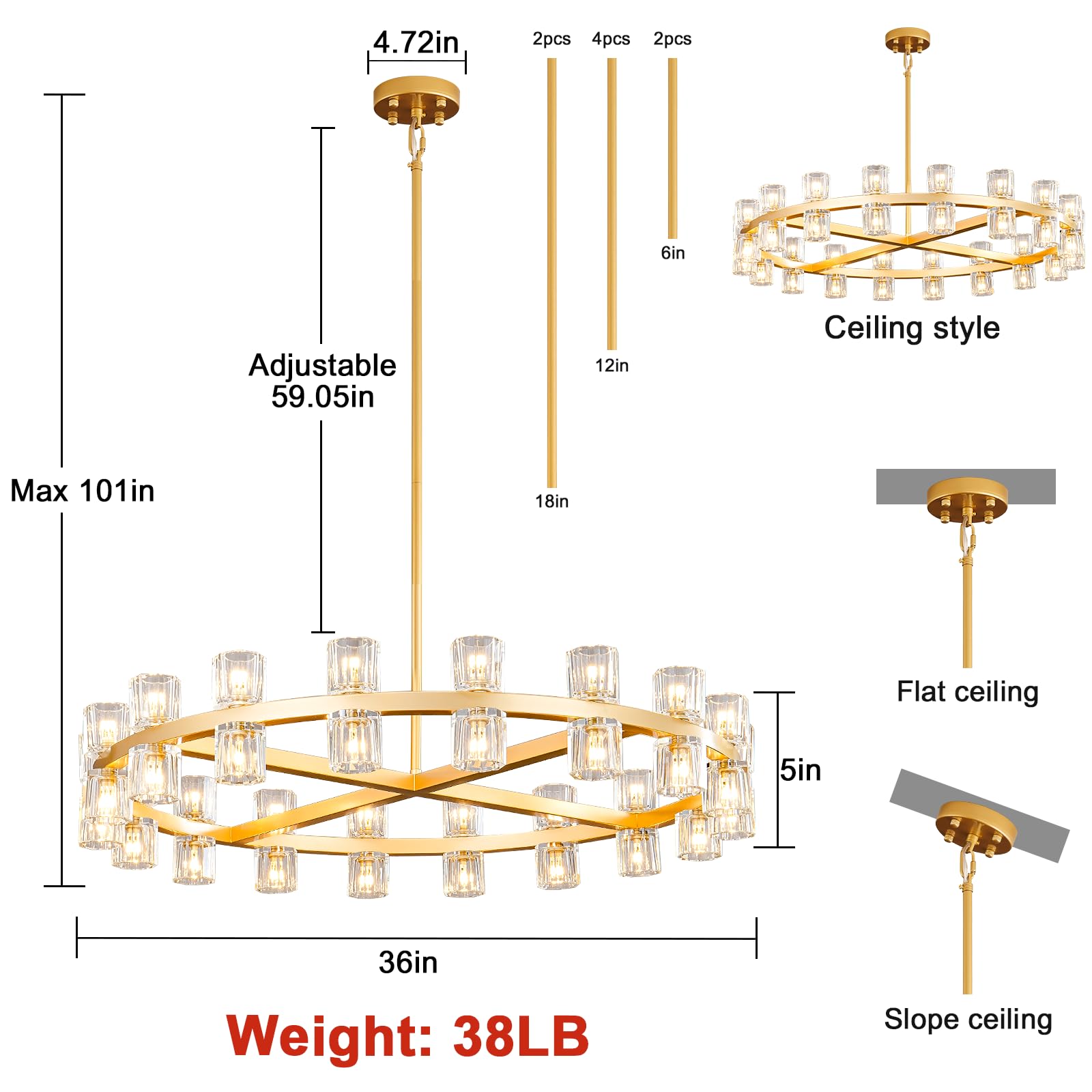 Plsintly Modern 36'' Gold Round Chandelier Light Fixture, K9 Crystal Chandeliers For Dining Room, Living Room, Dining Room Chand