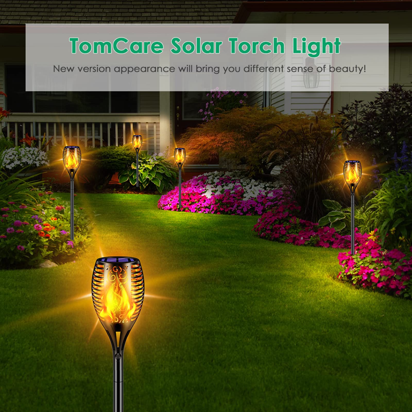 TomCare Solar Torch Lights - 99 LED Flickering Flame - 43" Waterproof Outdoor Lighting - Black - 4 Pack