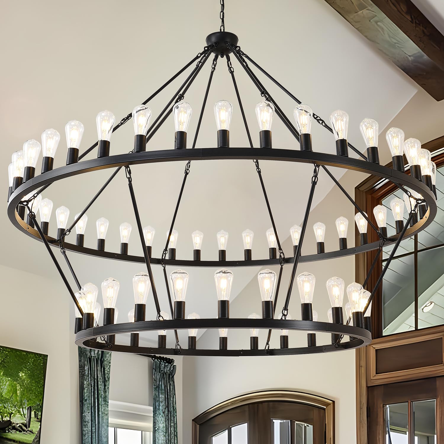 Viksroeo 70 Inch Black Extra Large Wagon Wheel Chandelier, 2 Tier 64-Lights Farmhouse Industrial Round High Ceiling Pendant Ligh