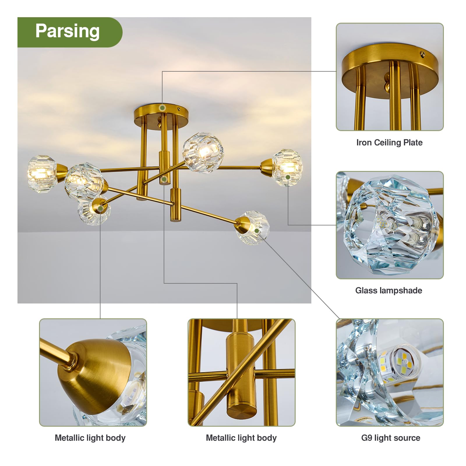 Szxykeji 6-Lights Glass Sputnik Chandelier Vintage Flush Mount Ceiling Light Fixture Gold Farmhouse Lighting For Dining Room Living Room Bedroom Kitchen Passageway.