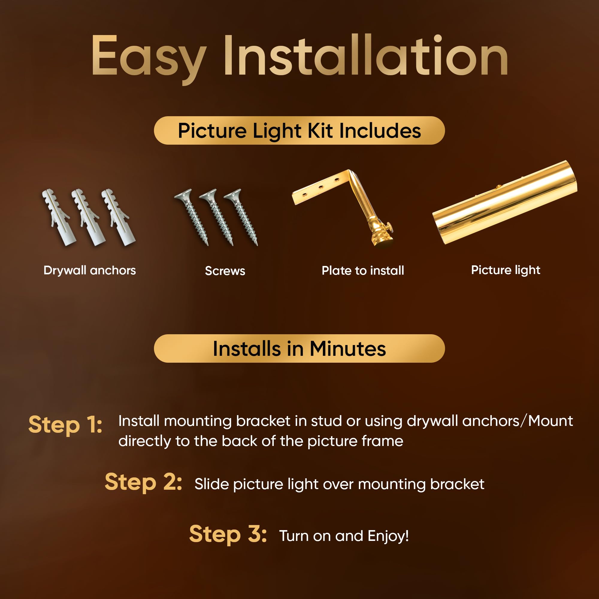 Concept Lighting Picture Light - Dimmable Battery Operated Art Light, 11.5" Polished Brass, Remote Control, Model 101L