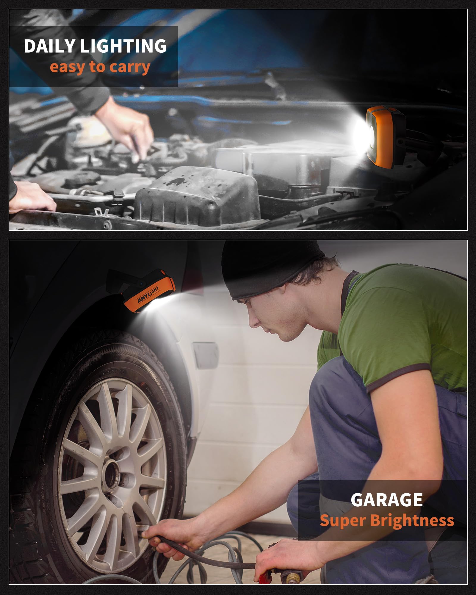 Anylight Magnetic Rechargeable Work Light, 1200LM, 4 Modes, 150° Rotatable, 2 Pack, Orange, Model JF408102-N