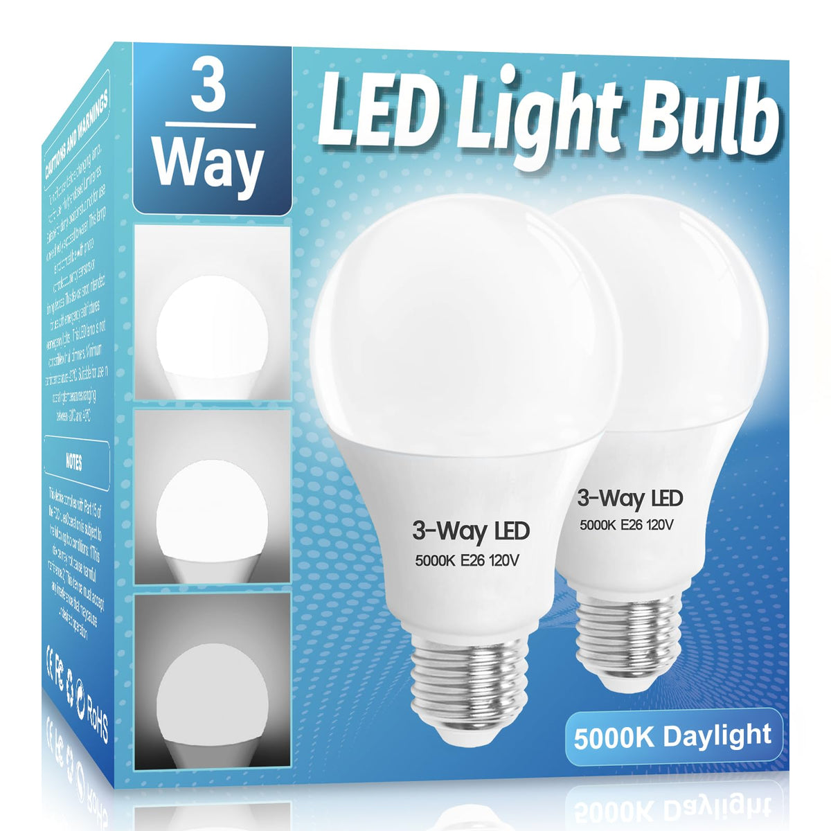 Wiyifada 3 Way Led Light Bulbs 2 Pack, 30 70 100 Watt Equivalent, Daylight 5000K A19 Light Bulbs E26 Base, Indoor 3-Way Light Bu