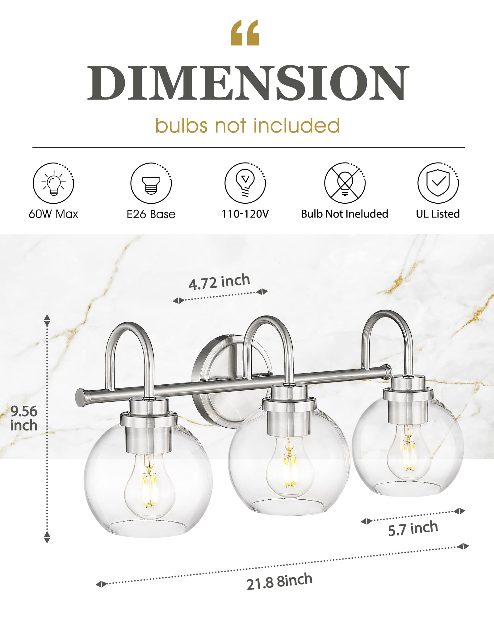 Audickic Bathroom Light Fixtures, 3-Light Brushed Nickel Vanity Lights Over Mirror With Globe Clear Glass, Modern Vanity Lighting Fixtures, Ad-22280-3W-Sn