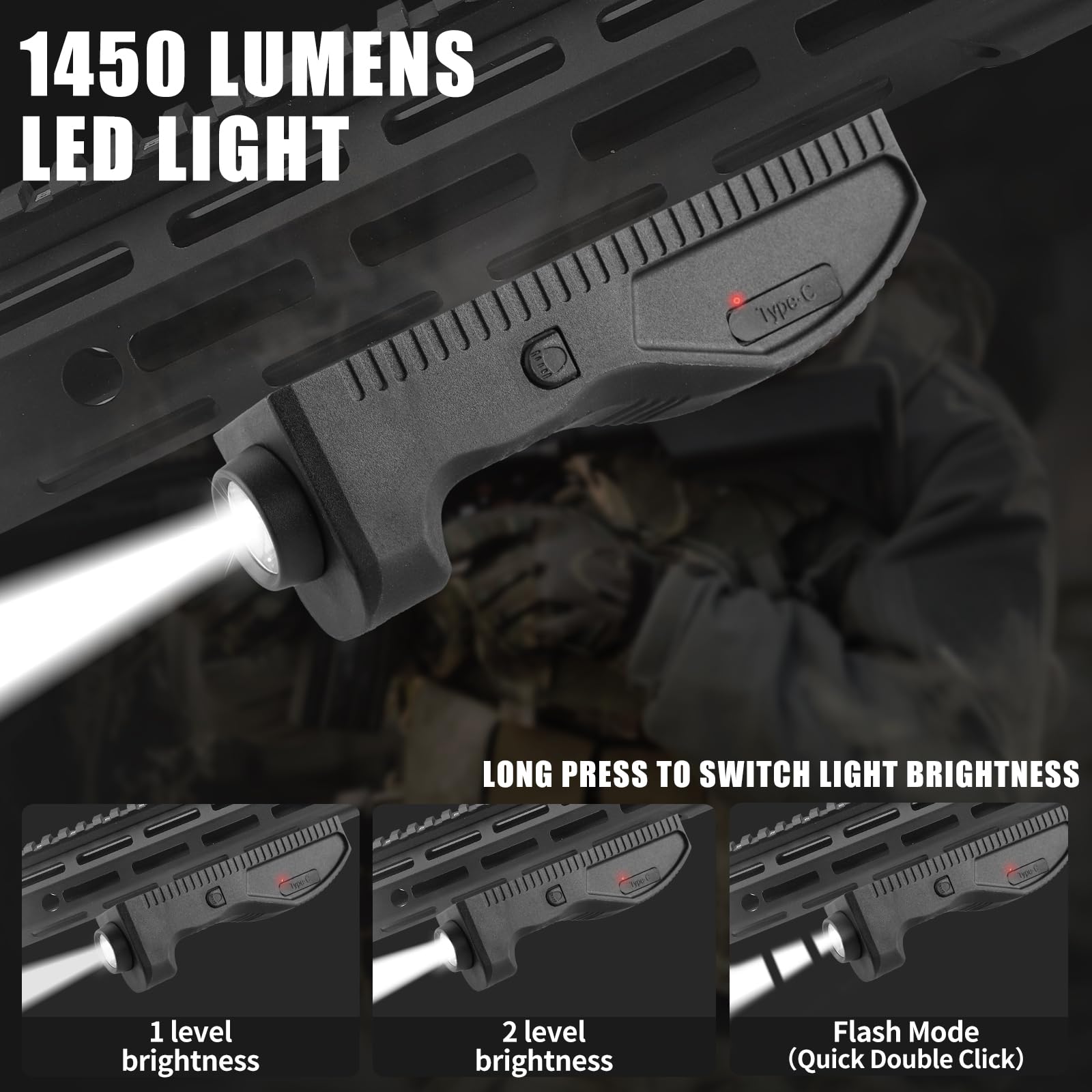 ZBULAR 1450 Lumens USB-C Rechargeable Flashlight, Dual Switch, Strobe Function, Black, Model Z04