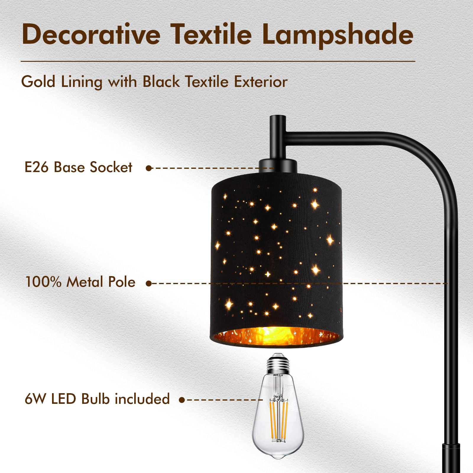 Auquee Industrial Floor Lamp - Modern Black Standing Lamp With 6W Led Bulb & Foot Switch