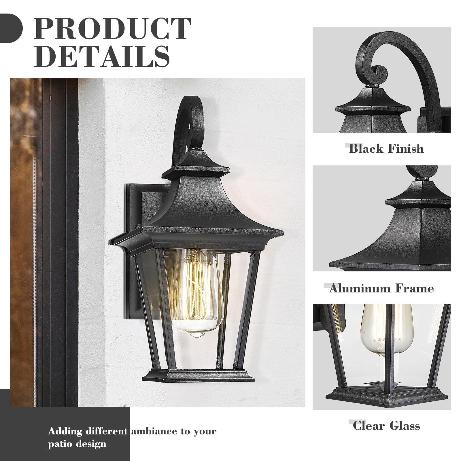 Emliviar Outdoor Wall Lights 2 Pack - Black Aluminum Porch Lights With Clear Glass