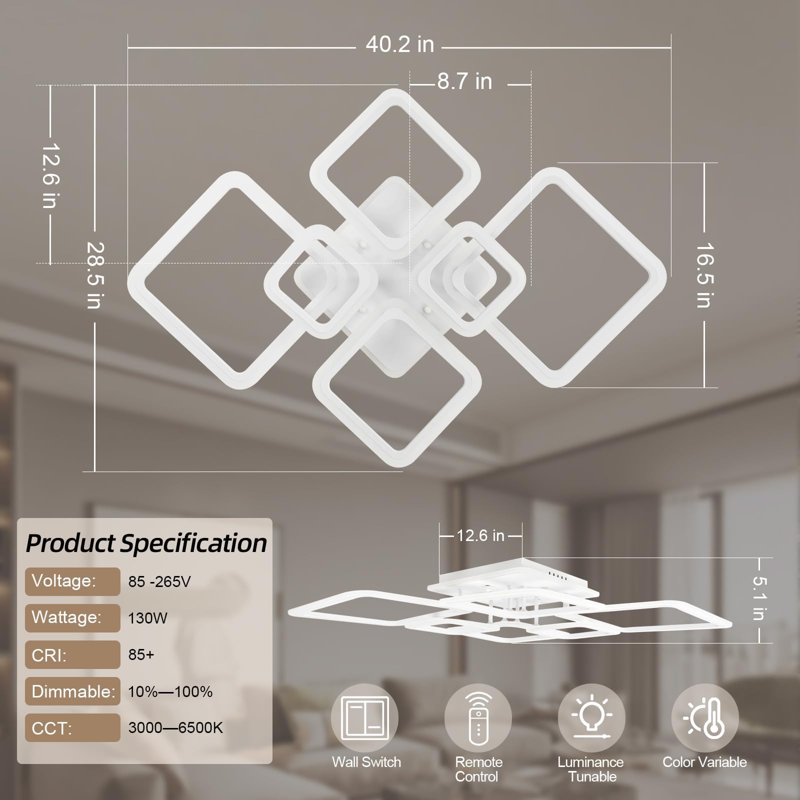 Modern Ceiling Light, 40.2'' Led Dimmable Acrylic Square 6+1 Rings Ceiling Lights With Remote, White Flush Mount Ceiling Light F