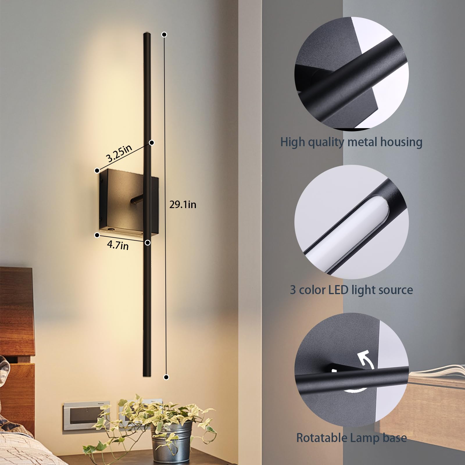 Battery Operated Wall Sconces Set Of 2, 16000Mah Black Rechargeable Wall Sconce With Remote Control, 3000K-6000K Dimmable Led Wireless Wall Light For Living Room, Hallway, Bedroom, Stairs, 29 Inchs