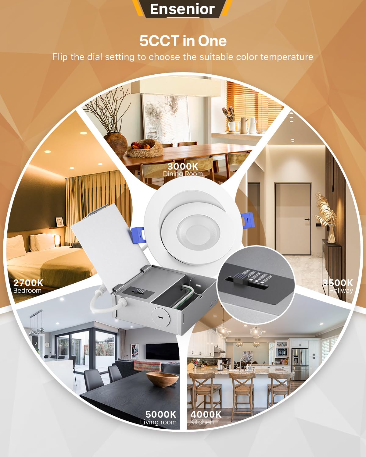 Ensenior 12 Pack 4 Inch 5Cct Led Gimbal Led Recessed Light With Junction Box, 360°+90° Adjustable Directional Eyeball Lighting, Dimmable, 2700K/3000K/3500K/4000K/5000K, 950Lm, 10W=85W-Etl&Fcc