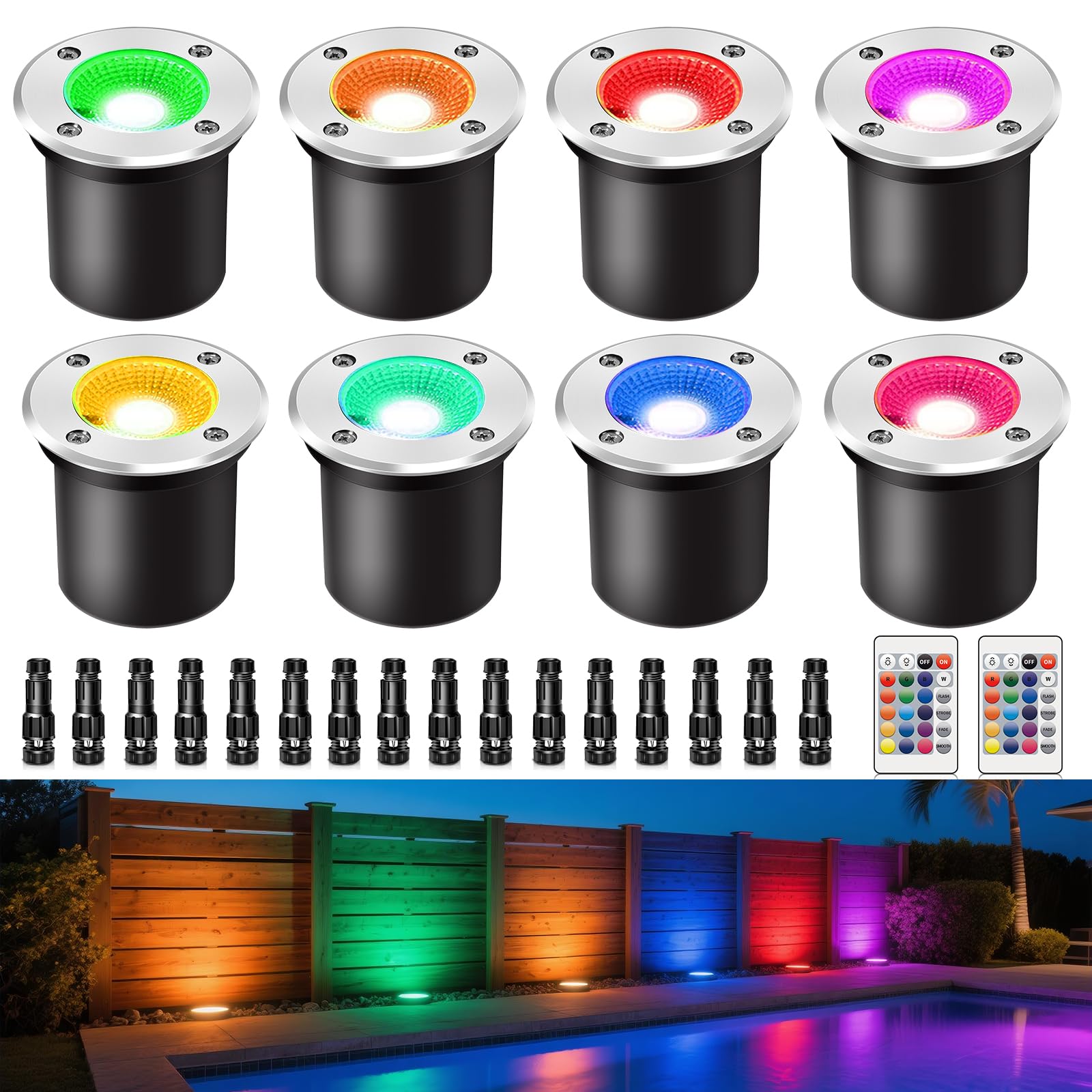 ALEDECO 8Pack RGB Color Changing Low Voltage Landscape Lights with Connecotrs 3W LED 12V Outdoor Inground Lights Waterproof Well Lighting Christmas Decorative Lighting for Garden Yard Patio(RGB)