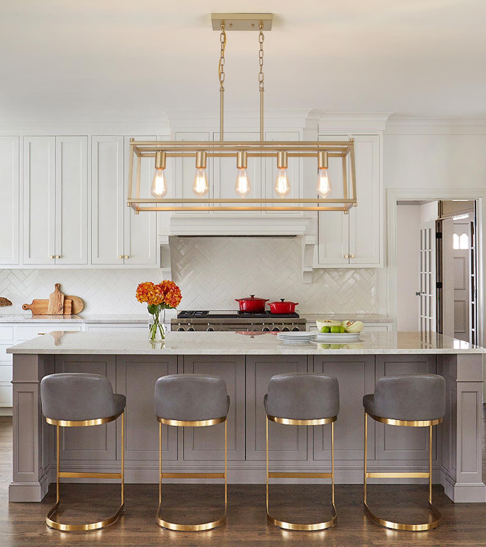 AMZASA Gold Industrial Chandelier, 5 Lights Rectangular Kitchen Island Light, UL Listed, Iron, 32.7x8.7x66.7 inches