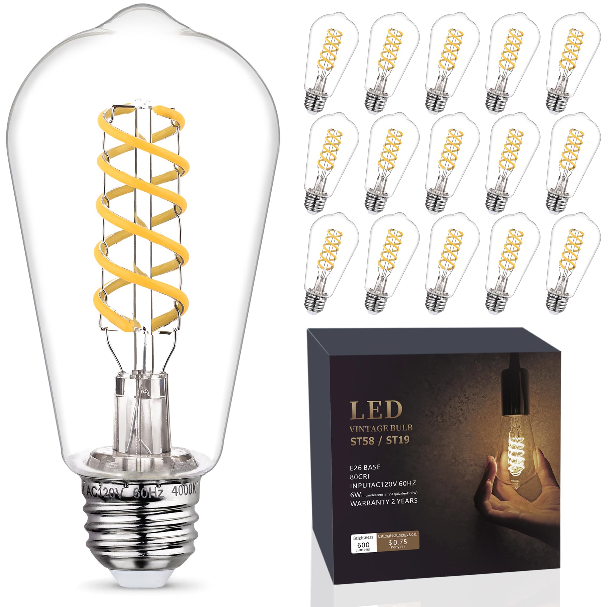 Emymlite 16 Pack Dimmable Vintage Led Edison Bulbs, E26 Led Bulb 60 Watt Equivalent, Neutral White 4000K, Antique Filament Decor