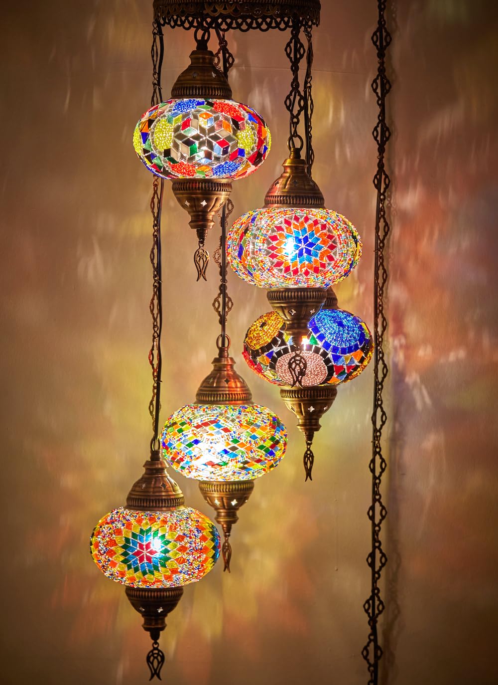 DEMMEX 5-Large 7in  Turkish Moroccan Mosaic Plug-in Chandelier, Colorful Bohemian Pendant Light, 15-ft Cord, Rainbow