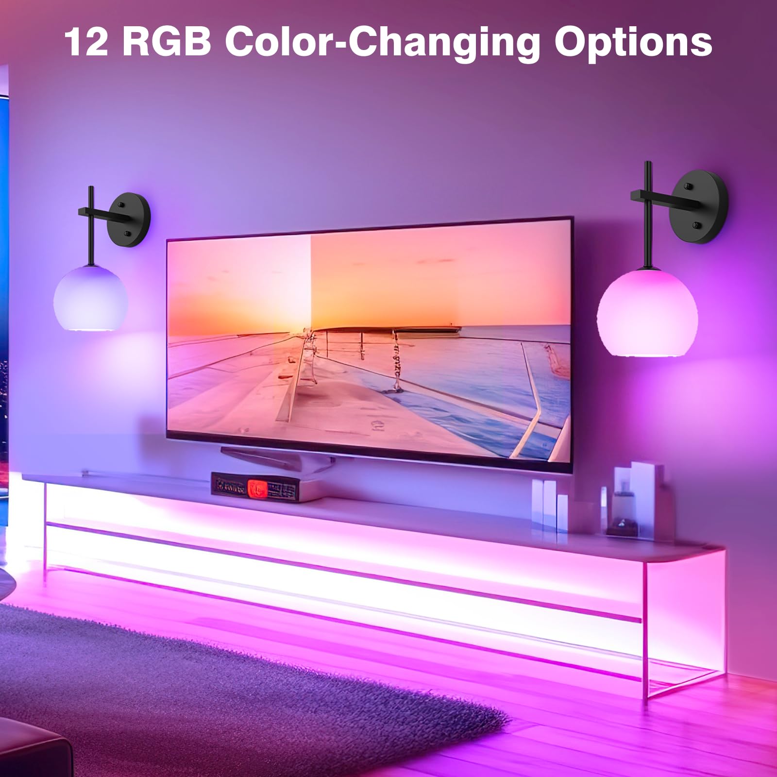 MOITA Wall Sconces Set of Two, Wireless, Remote Control, 12 RGB Colors, 3 CCT Options, Milky White Shade, Black Base, 2-Pack