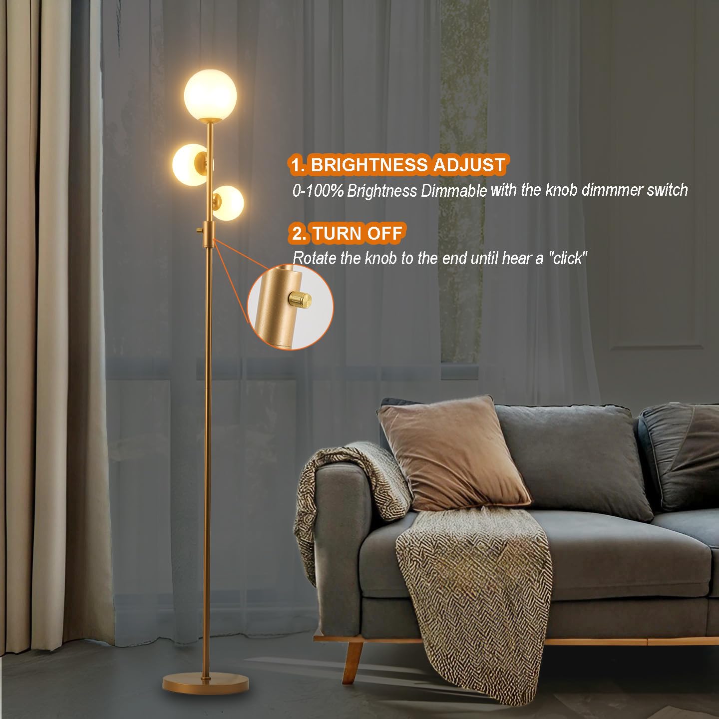 Fiqevs Upgraded Dimmable 3 Globe Floor Lamp, Mid Century Modern Gold Standing Lamp With 800 Lumens Led Bulbs & Eye-Caring Froste
