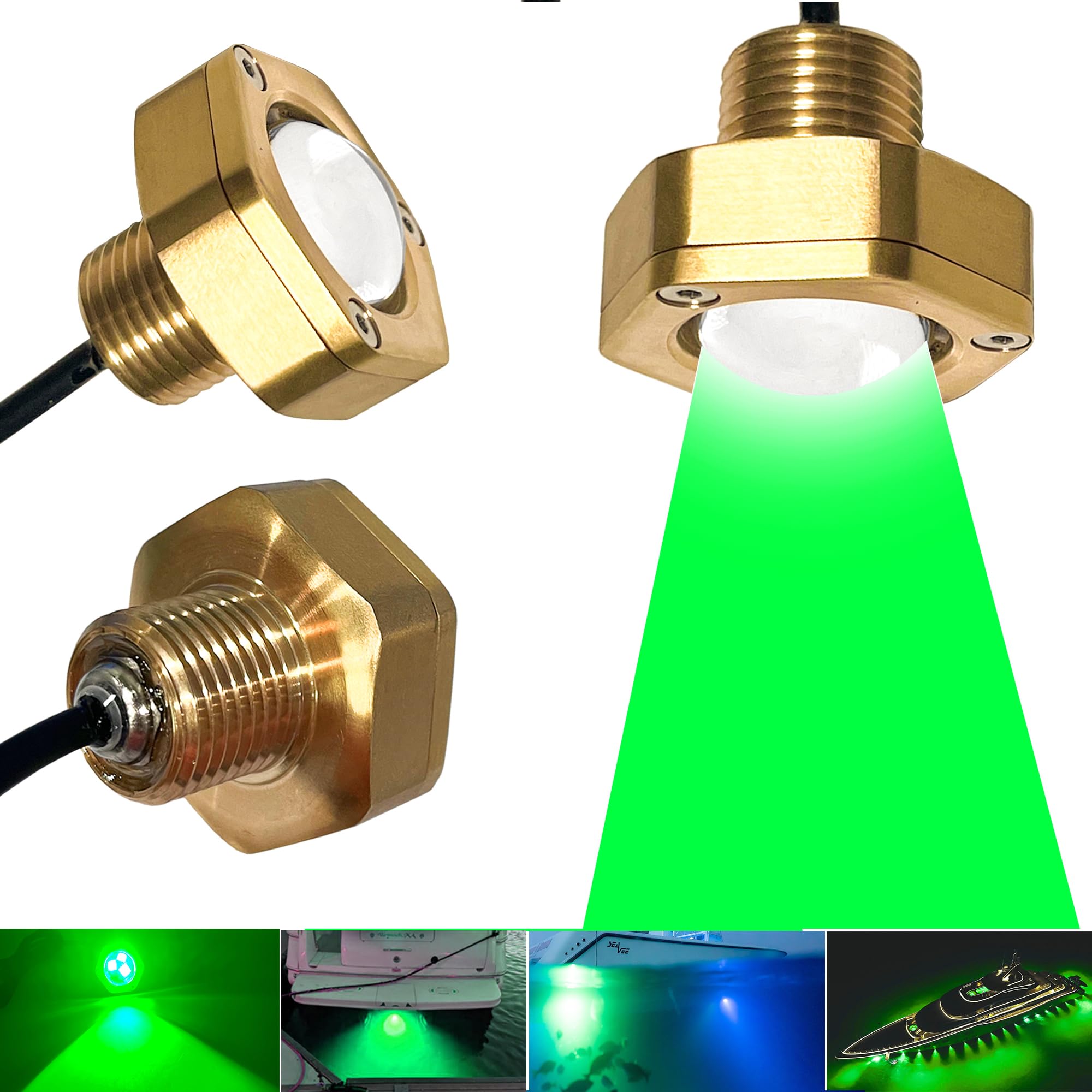 Kingshowstar Boat Drain Plug LED Light, 2 Pcs, 1/2in NPT, Green, Corrosion Resistance Bronze Housing, 40W, 4100LM, RF Remote