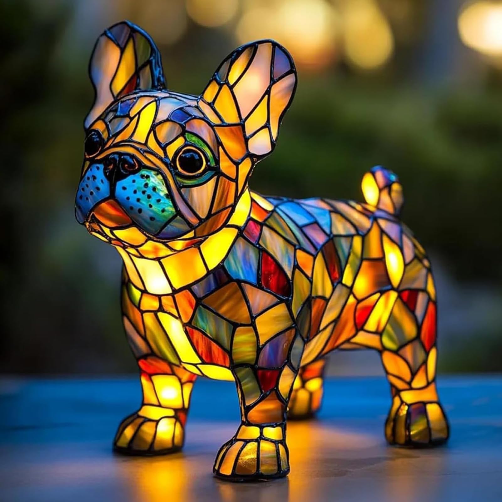 Lmuwecno Dog Led Table Lamp, Stained Glass Dog Lamp, Pug Light Stained Resin French Bulldog Tabletop Night Light - Fun Gift For