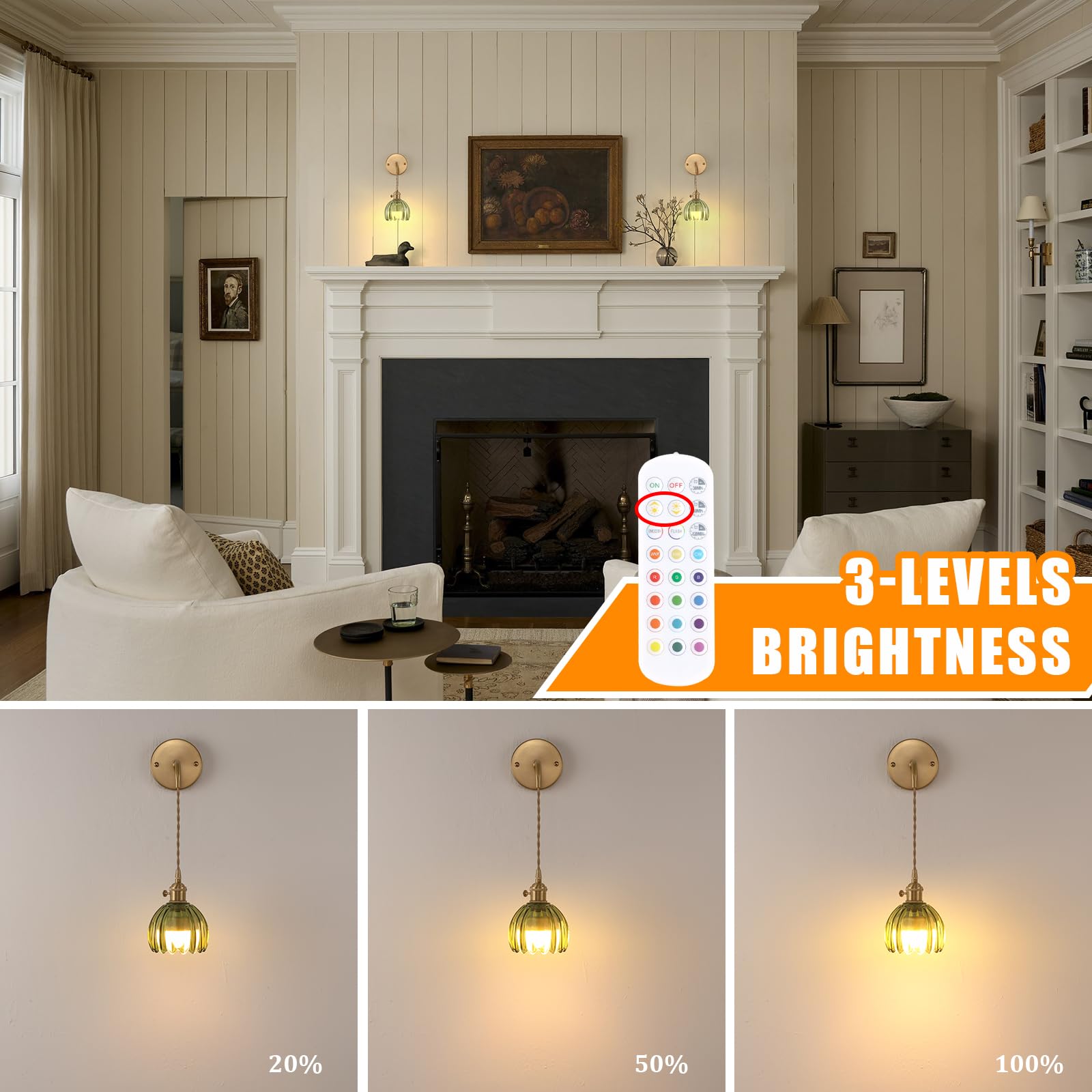 Shenmoyl Wall Sconce - Battery Operated Light, Brass, Adjustable Chain, Tulip-Green Shade, Model 1-938, Indoor Decor