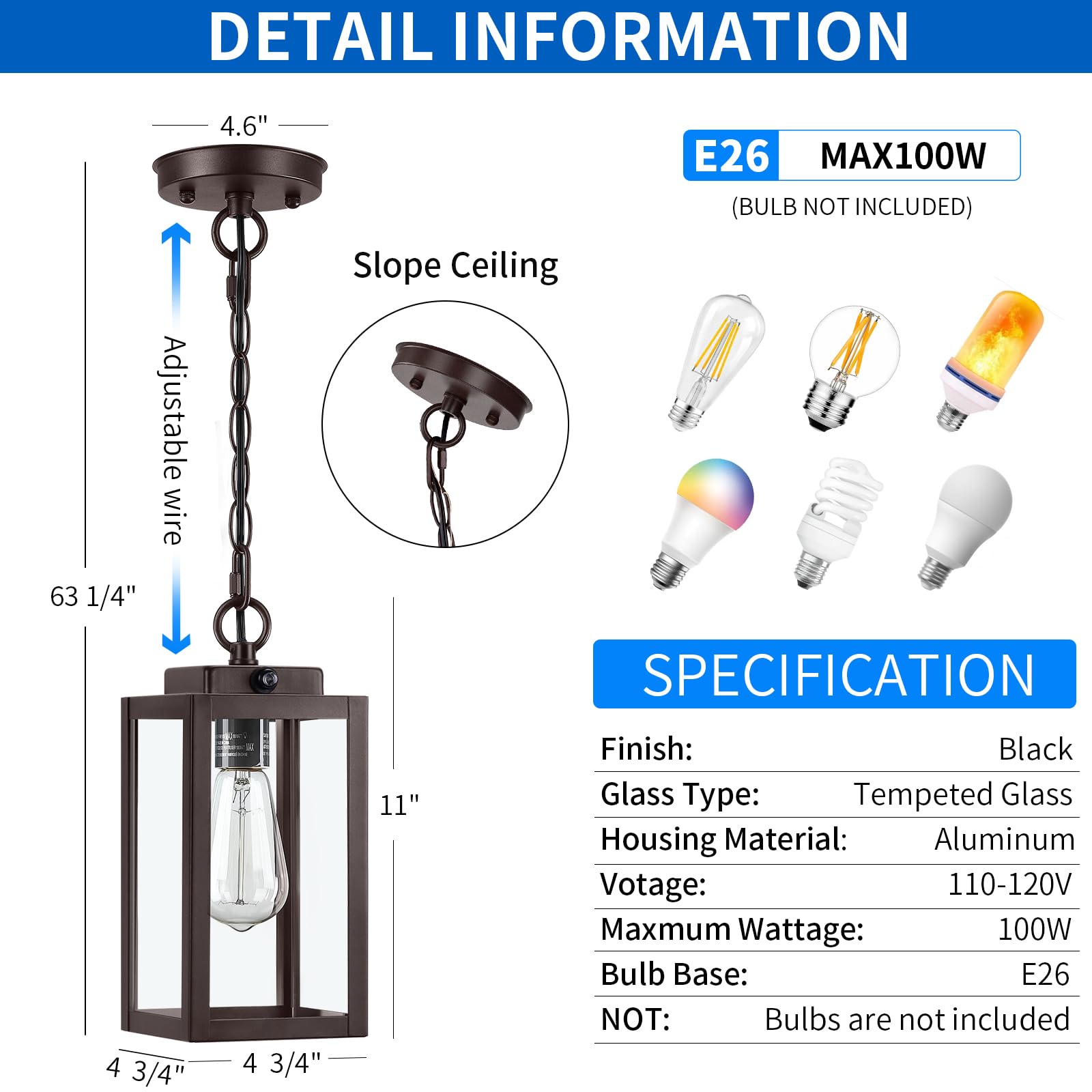 11'' Outdoor Pendant Light, Dusk To Dawn Modern Outside Chandelier Outdoor Hanging Lantern Light, Matte Brown With Clear Glass,