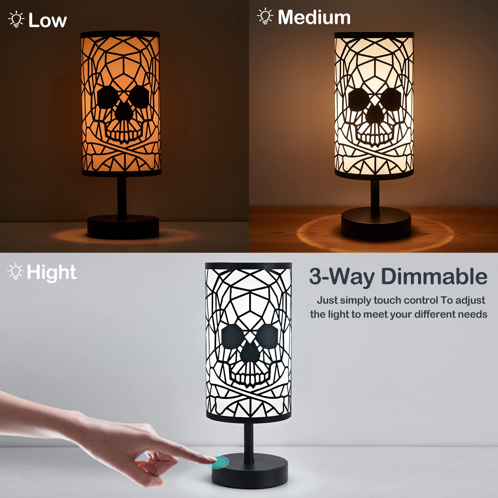 Black Skull Lamp,Acomycici 3-Way Dimmable Touch Control Table Lamp For Gothic Decor, Best Ideal Gift,Anniversary Birthday Gifts Halloween Christmas Decorations Skull Light (Bulb Included)