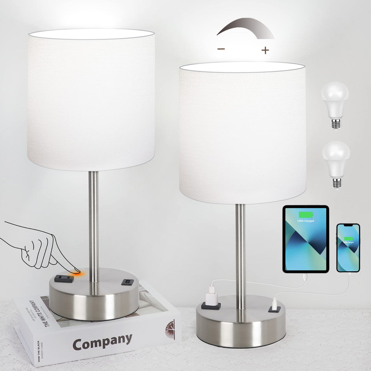Partphoner Touch Table Lamps For Bedroom Set Of 2, Bedside Nightstand Lamps With Usb Port And Power Outlet, 3 Way Dimmable White