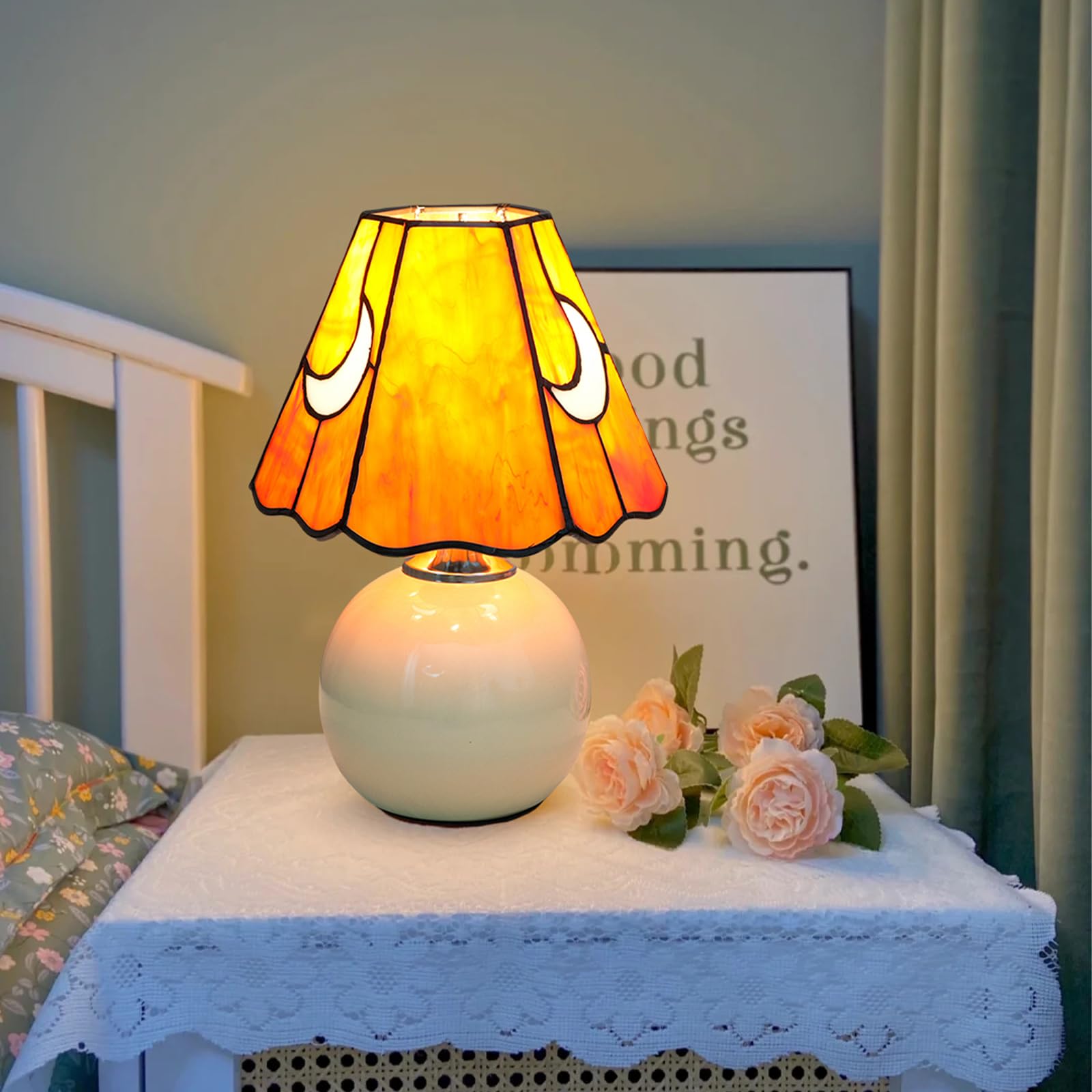 KIPHEPI Mushroom Lamp - Stained Glass Bedside Table Lamp, Orange, Model OFU1179, Ideal for Bedroom & Living Room Decor, Bulb Included