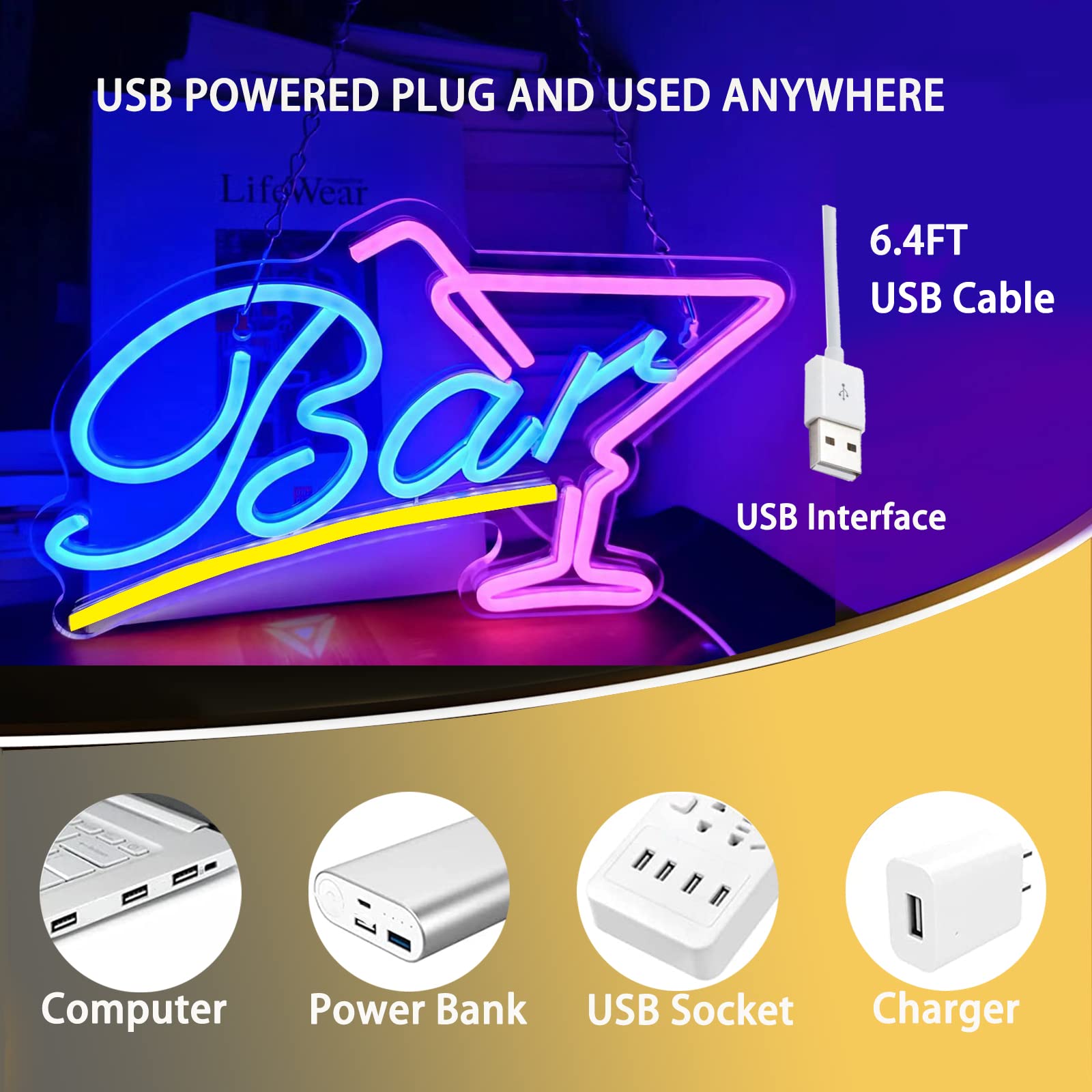 Pedaiah Bar Neon Sign - Acrylic LED Sign with Hanging Chain, USB Powered, 14.96x9.06 inches, Warm White Blue and Red