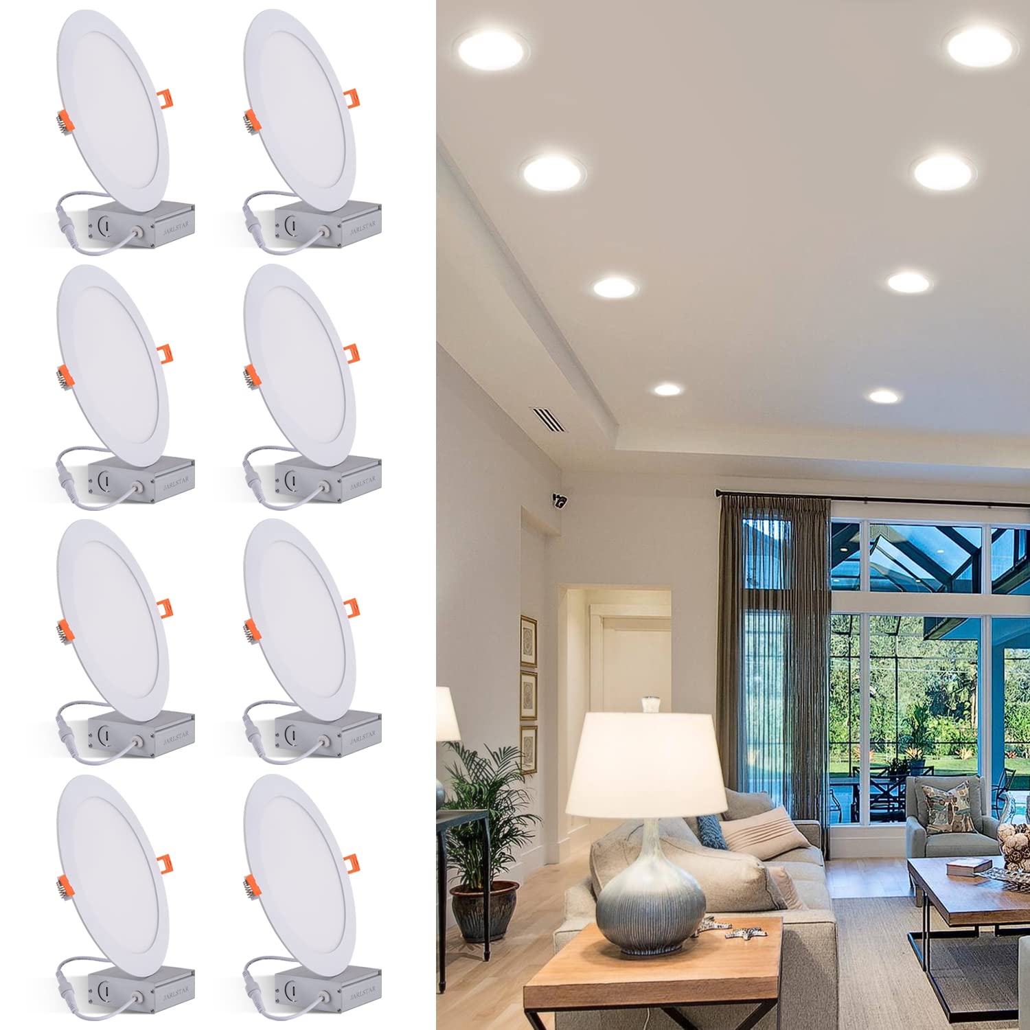 Jarlstar 8 Inch Led Recessed Light With Junction Box, 8Pack Ultra Thin Led Recessed Lighting.6000K Daylight, 18W 8" Recessed Ceiling Canless Wafer Downlight.Slim No Dimmable Can-Killer Lights,Cri80+