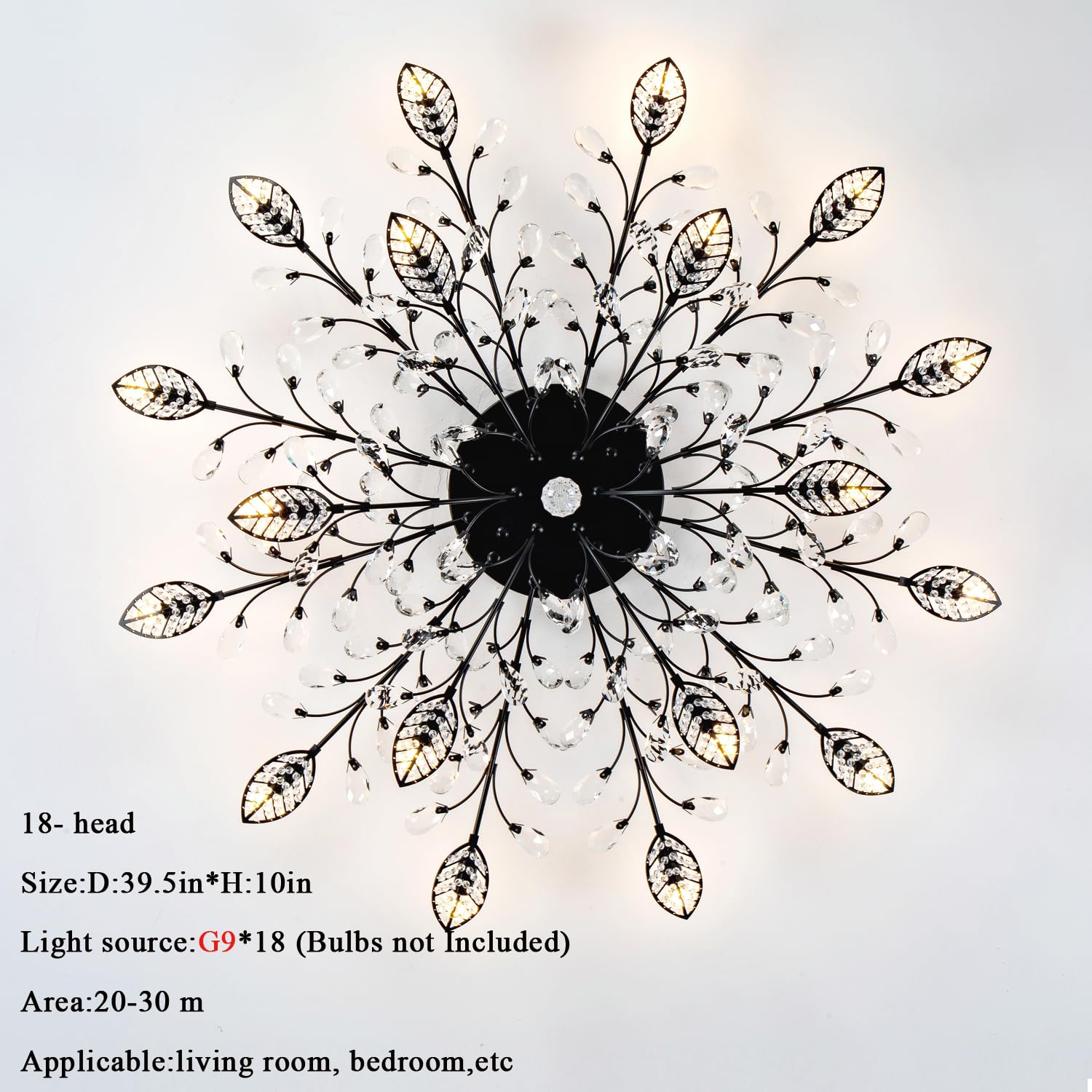 Ridiss Modern Crystal Ceiling Light Fixture, 18-Lights Semi Flush Mount, Black, Model SJD-15, Crystal and Metal Material