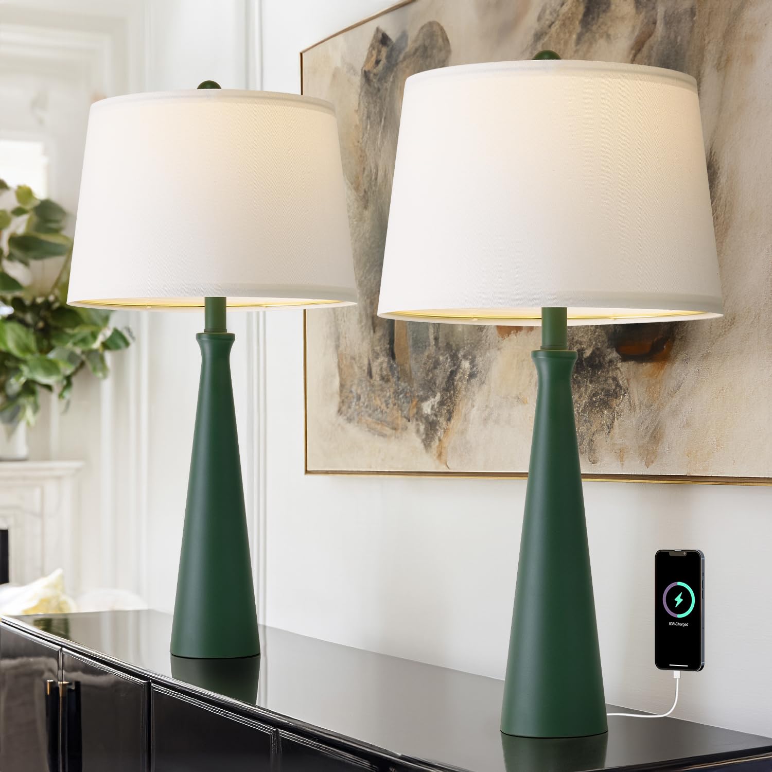 Oneach 25.75 Green Table Lamp Set of 2, Bedside Lamps with USB Ports, Modern Nightstand Lamps Set for Living Room Bedroom House 
