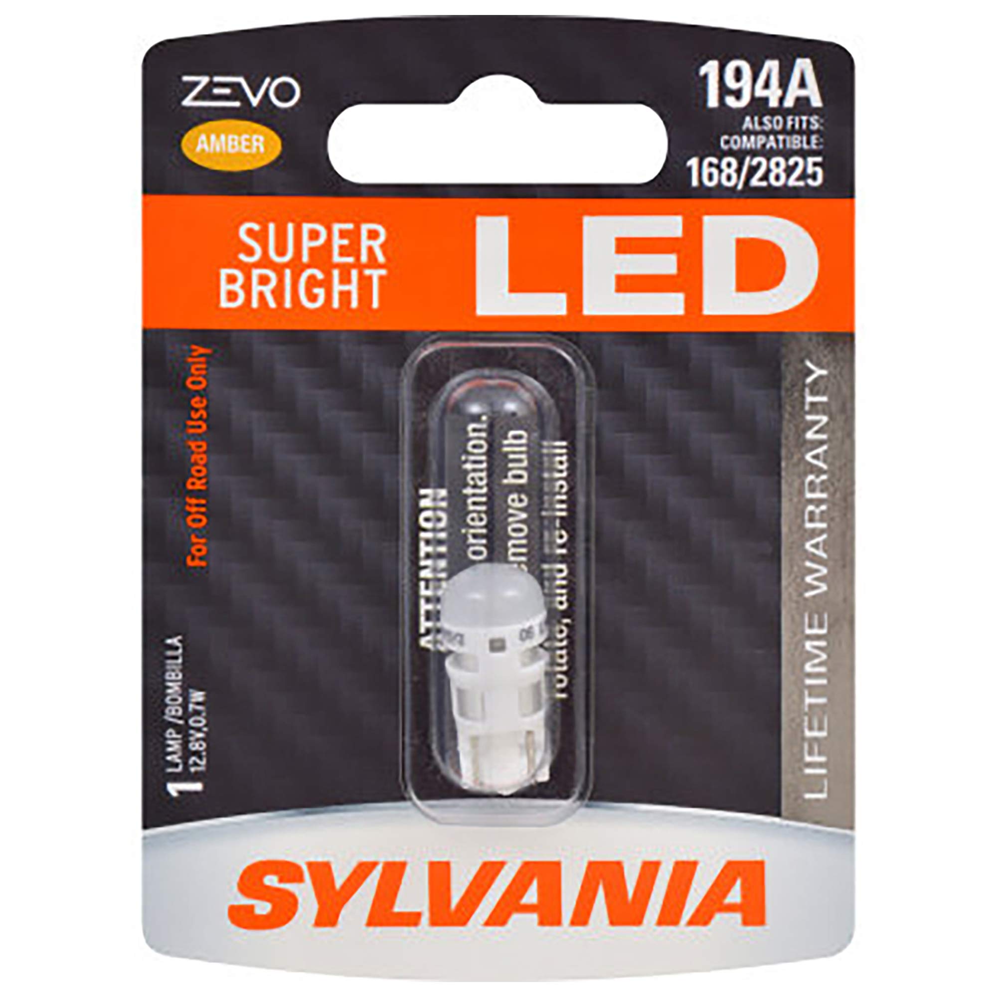 SYLVANIA 194 T10 W5W ZEVO LED Bulb - Amber, Bright Interior Lighting, Model 194ALED.BP, Contains 1 Bulb