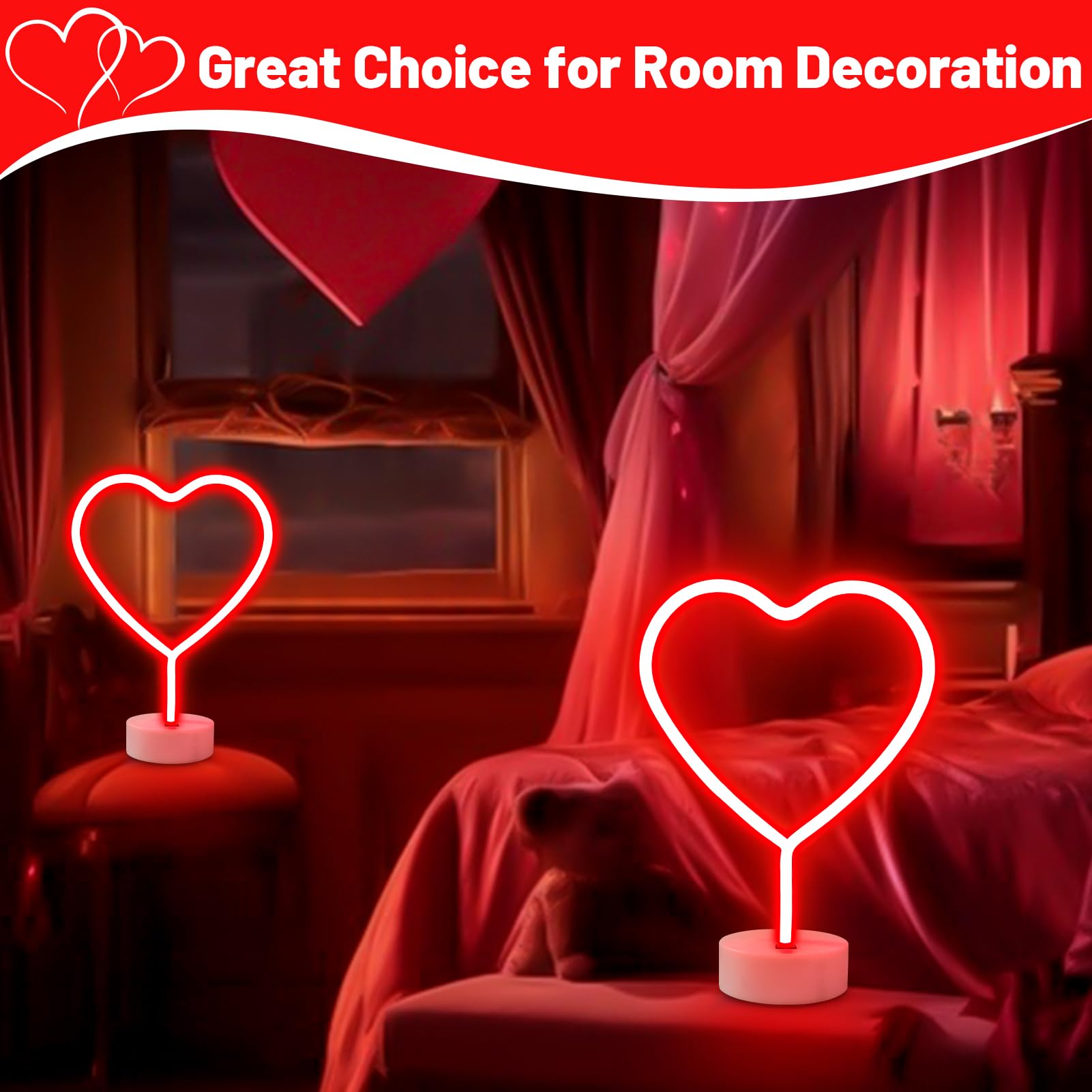 Brightdeck 2 Pack Heart Neon Signs  Led Lights Battery Operated Or Usb Powered Decoration Lamp  Neon Lights Decor For ValentineS Day Gifts  Wedding  Party  Pink Room Decor (Red Heart)