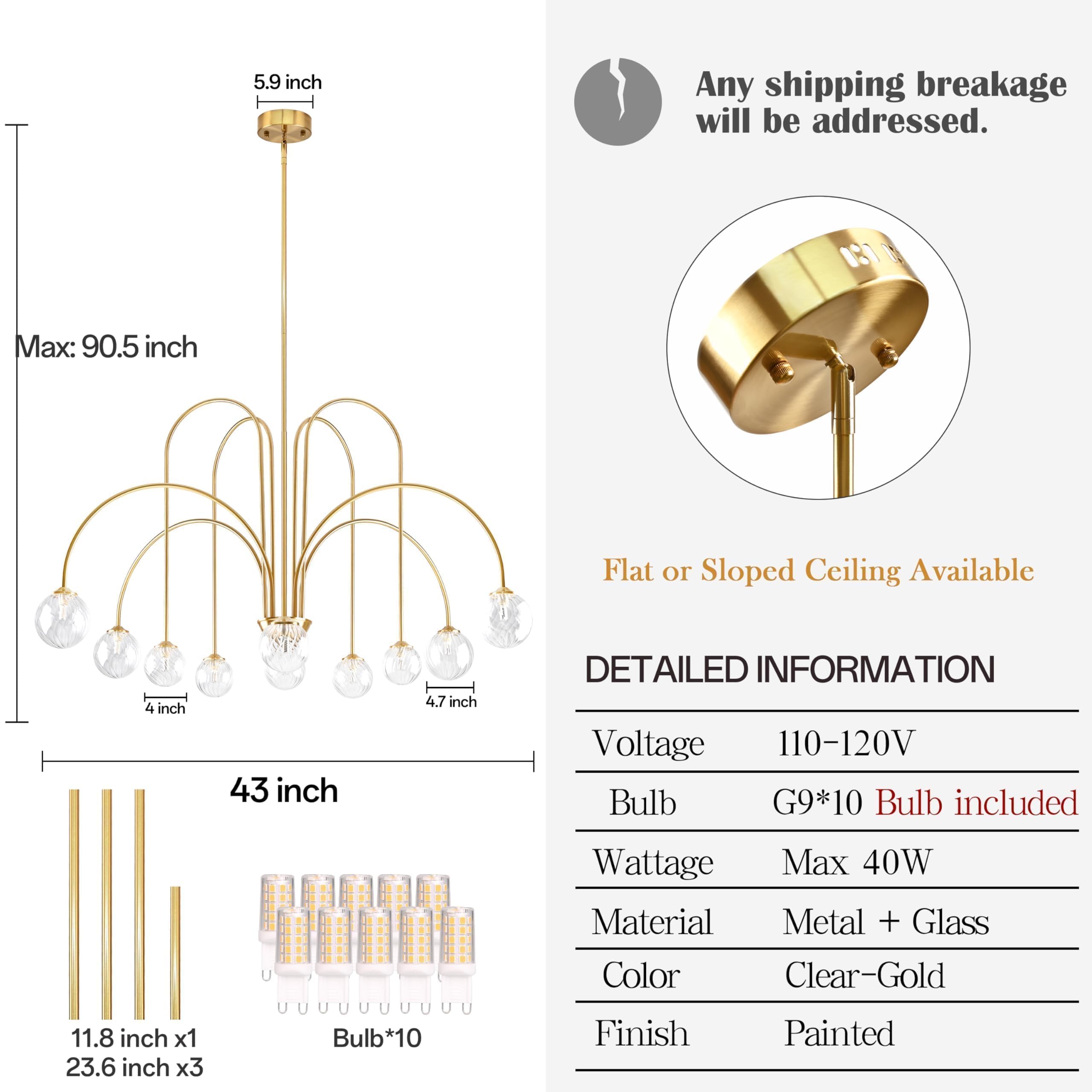Bagood 10-Light Modern Sputnik Chandelier Gold Sputnik Chandelier 43    Globe Light Fixture With Clear Globe Glass Mid Century P