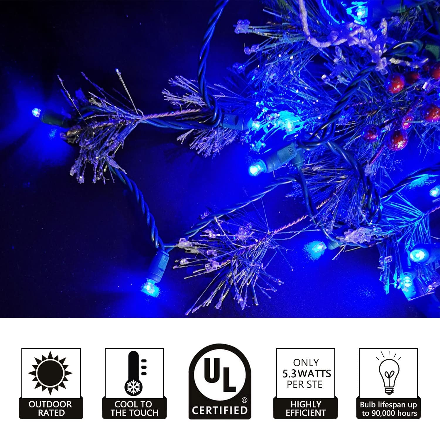 Yirunfa Christmas String Lights, 50 Blue LED, 17ft Green Wire, Indoor/Outdoor Use, Model DL5-50-02-B