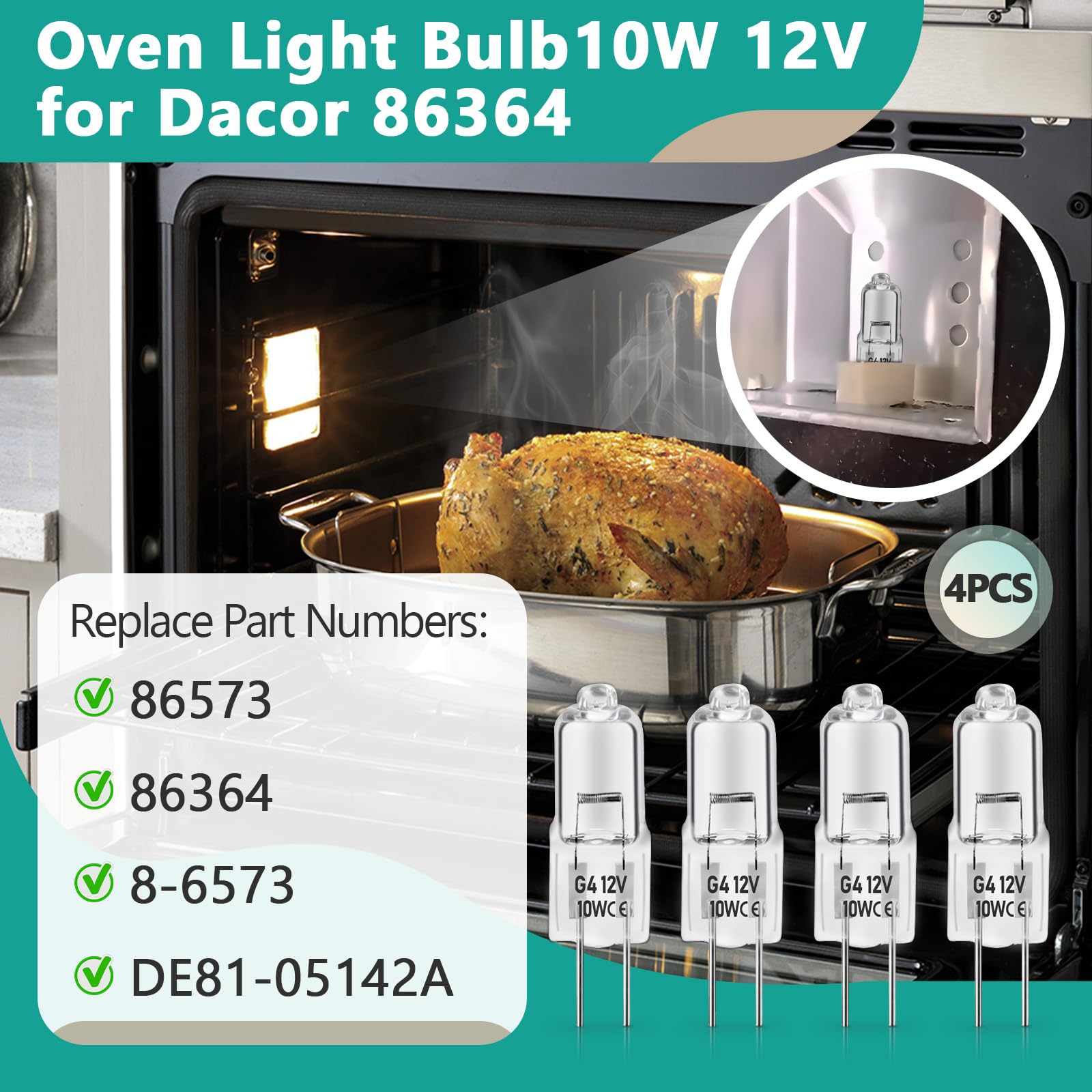 4 Pcs Oven Light Bulb 10W 12V For Dacor 86364, Halogen Bulb With G4 Bi-Pin Base - G4 Halogen Bulb 10W For Range, Stove, Microwav