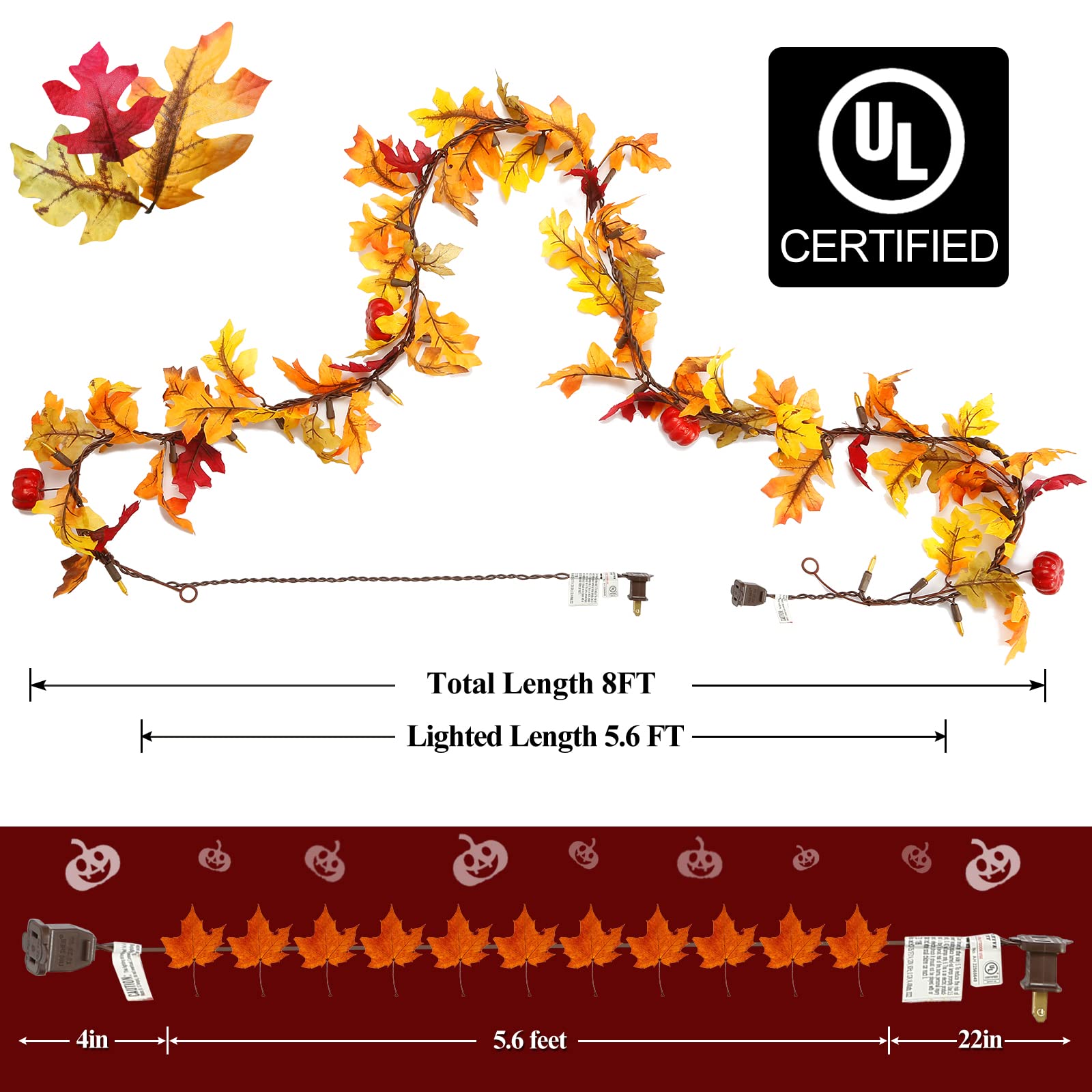 Fall Maple Leaf String Lights Plug In 120V Ul Certified, Thanksgiving Decorations Fall Garland Lights String 8Ft With Traditional 35 Incandescent Bulbs For Halloween Garland Fall Decor For Outdoor