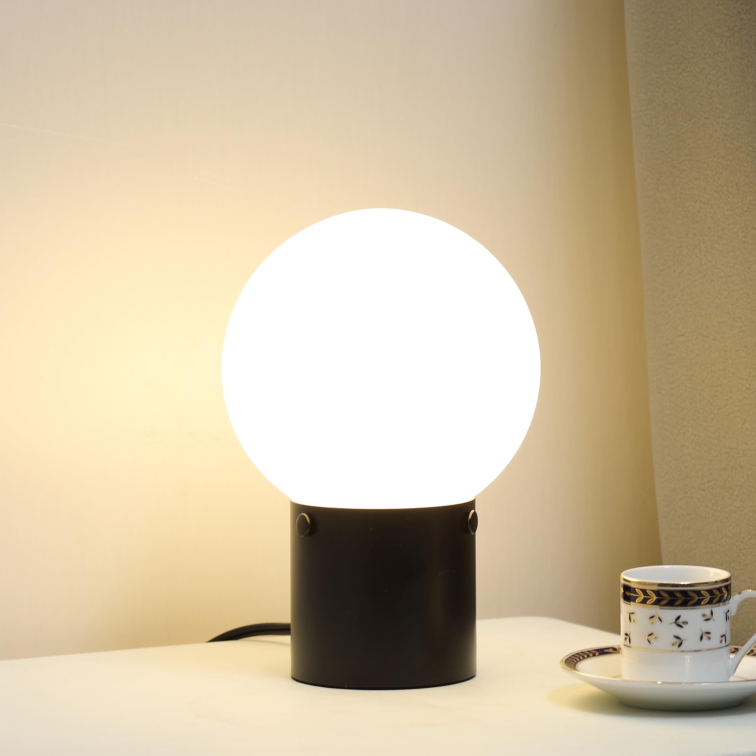 Somniferous Small Table Lamp For Nightstand With Frosted Glass Globe Lamp Shade, Mid Century Modern Bedside Lamp With Black Metal Base, Round Side Table Lamp For Bedroom Living Room Entryway
