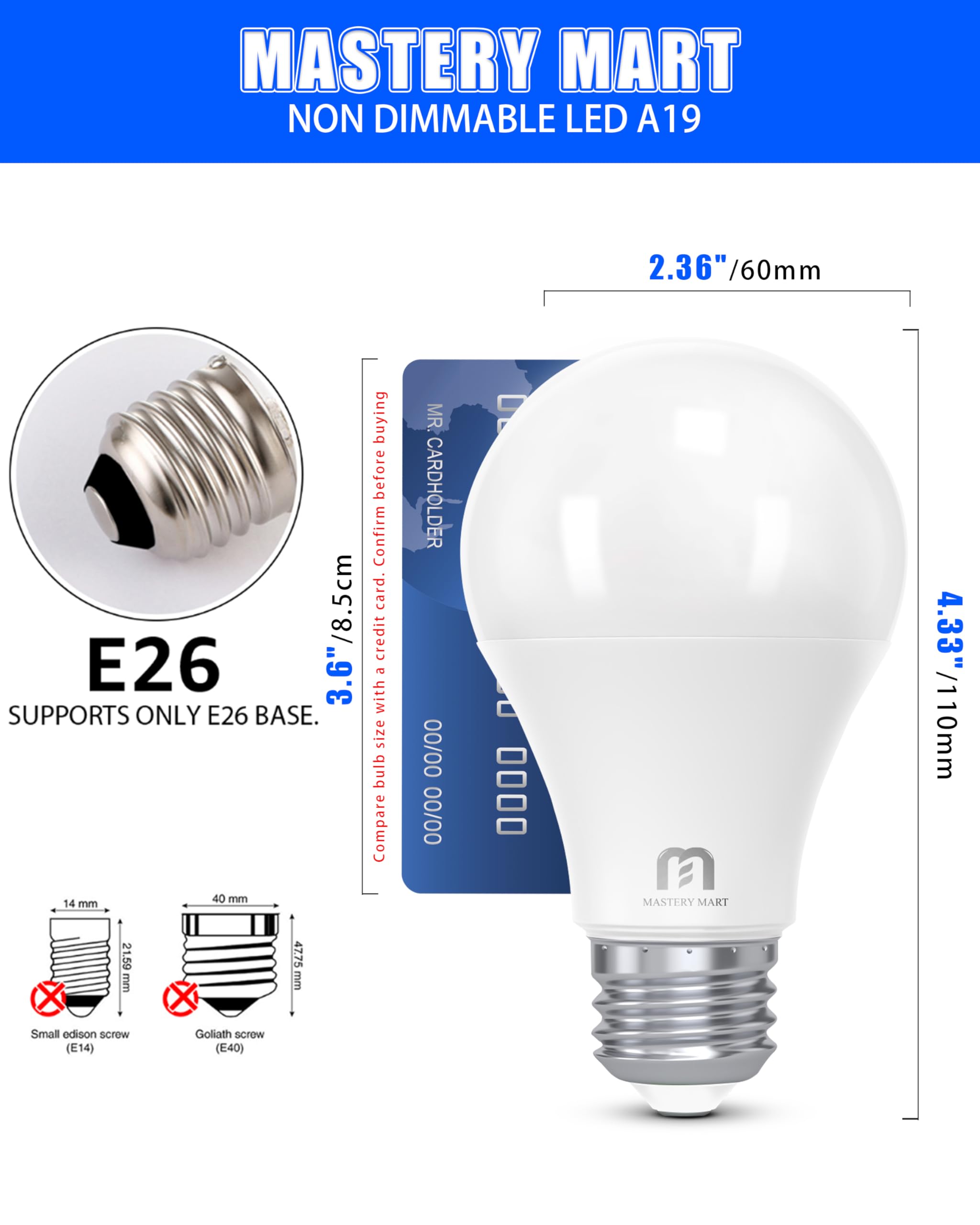 Mastery Mart 24 Pack A19 Led Bulbs 60 Watt Equivalent, 9W Non-Dimmable, Non-Flicker, 800 Lumens, Bright Daylight White 5000K, E2