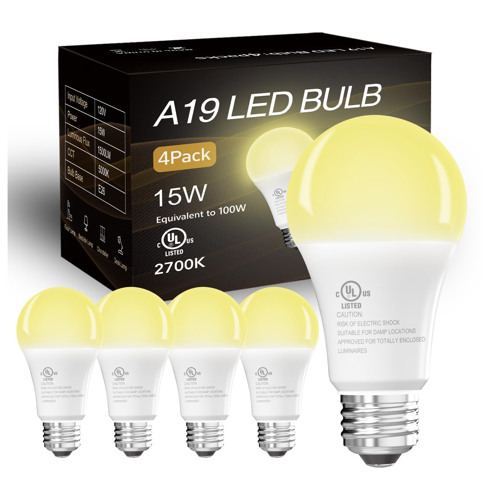 Dalattin 4 Pack Led Bulbs Soft White 2700K, 100 Watt Equivalent A19 Standard Bulbs, E26 Base, 1500 Lm, Efficient 15W Energy Savi