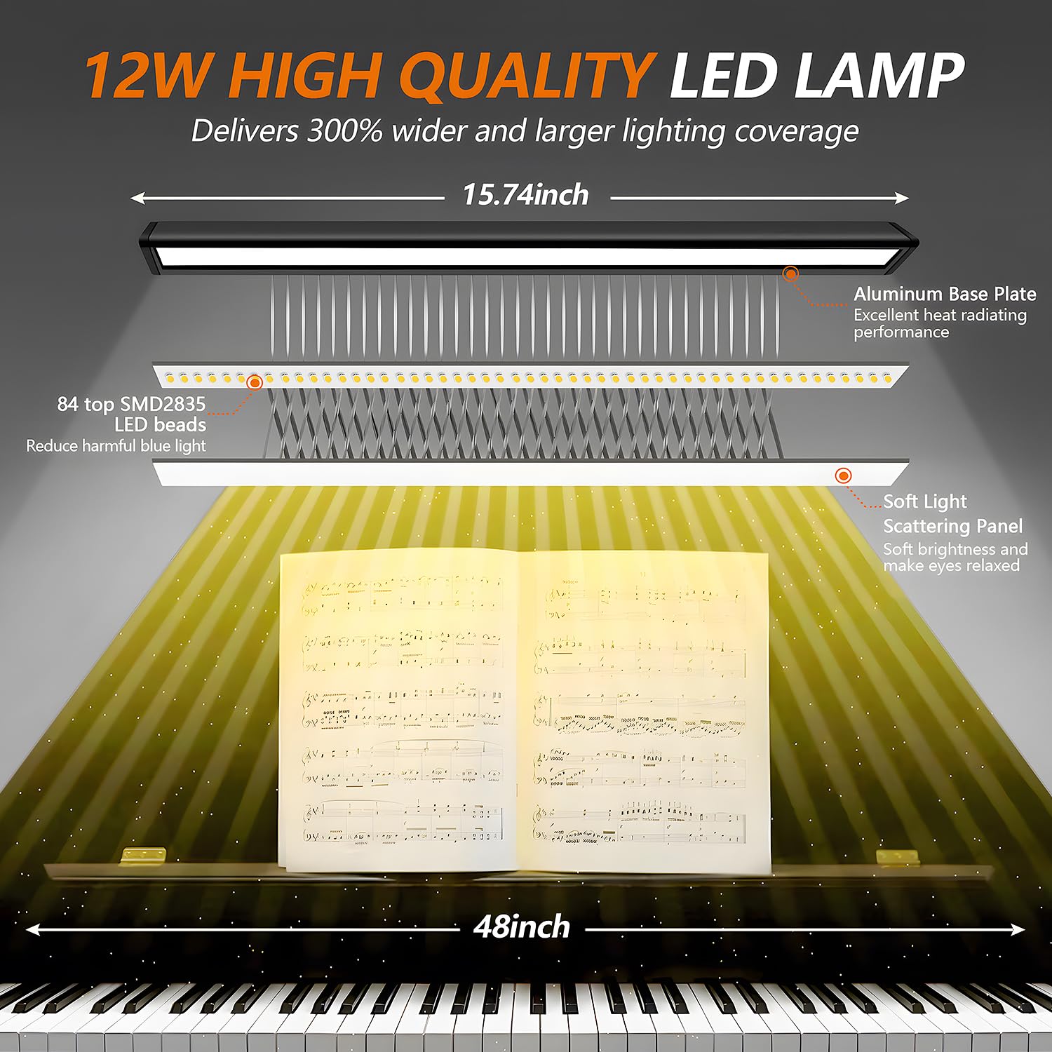 TonyEst Piano Lamp - Upgraded LED Light for Pianos, Adjustable Gooseneck, 5 Dimmable Colors, USB Charging, Black