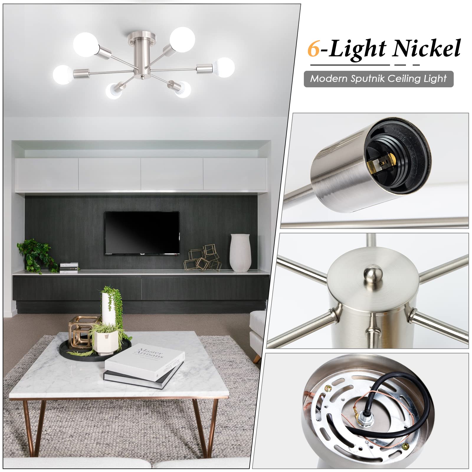 Kostomo Kitchen Light Fixtures 6 Lights Ceiling Lights Fixture Nickel Modern Semi Flush Mount Lighting Sputnik Chandelier For Be