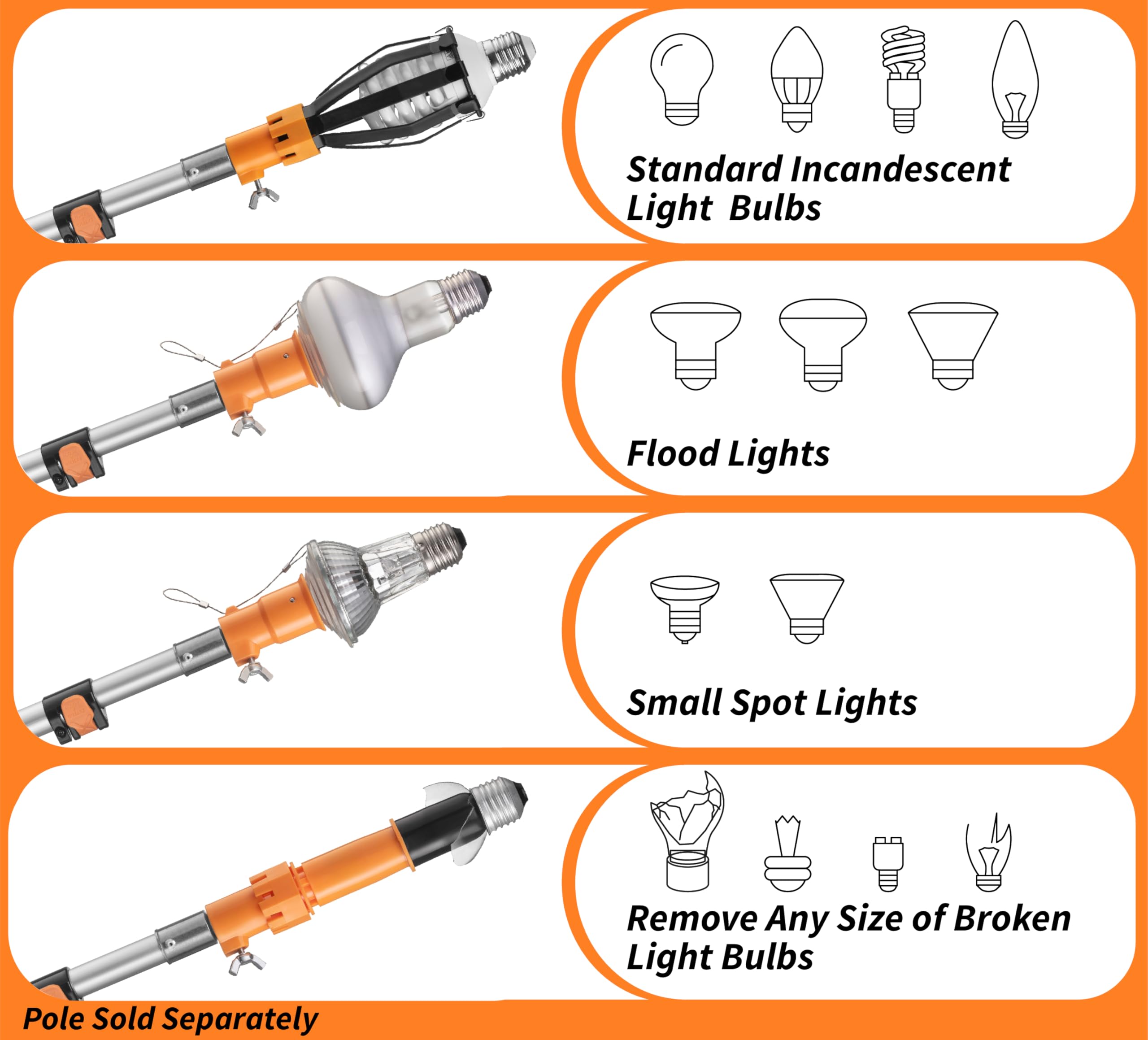 EXTEND-A-REACH Light Bulb Changer Attachment Kit, Suction Cup Tool, Microfiber Cloth, Orange, Model B17