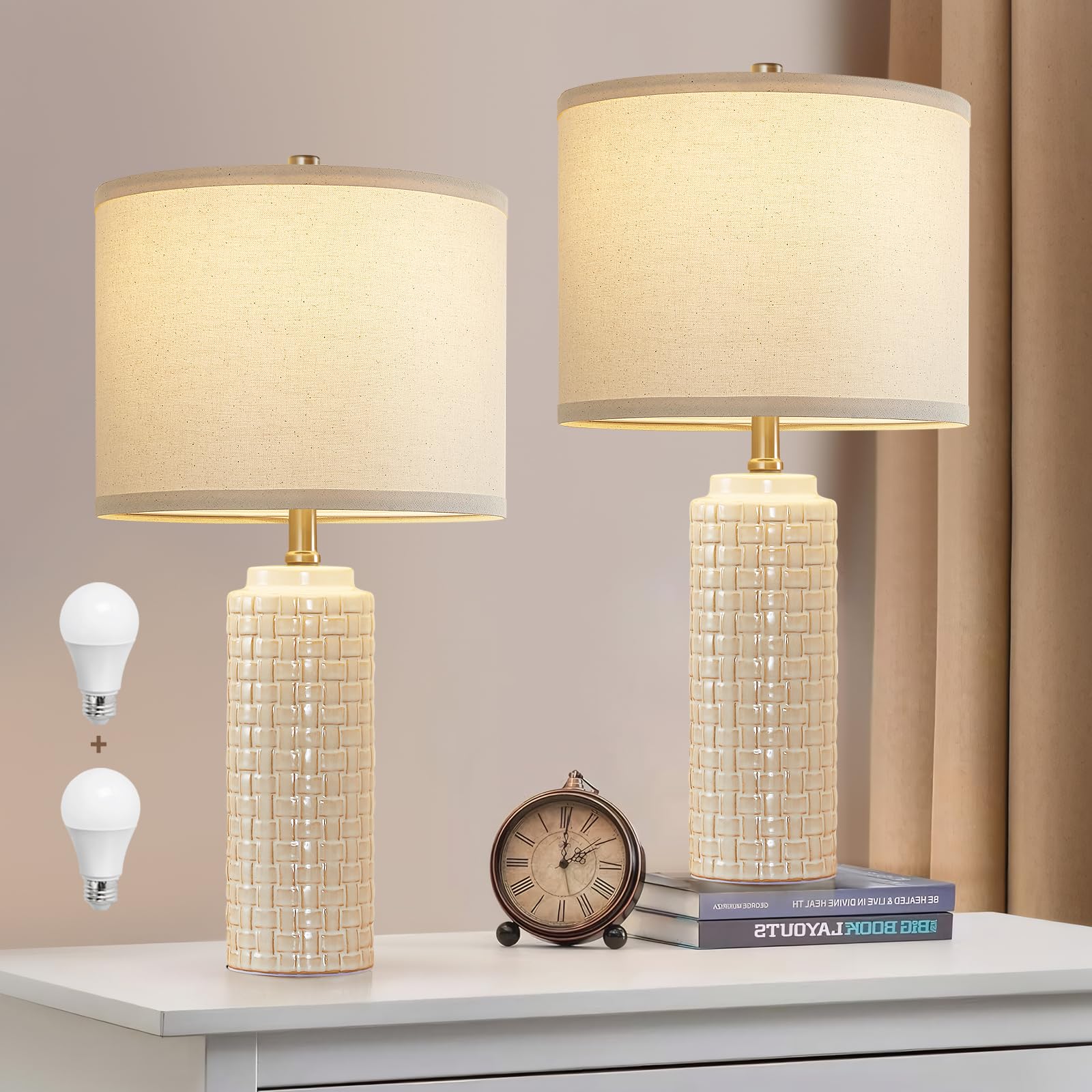 Luvkczc Ceramic Bedside Lamp Set of 2, 24.8in, Off-White, Energy Efficient, 3 Color Temperatures, Model 120