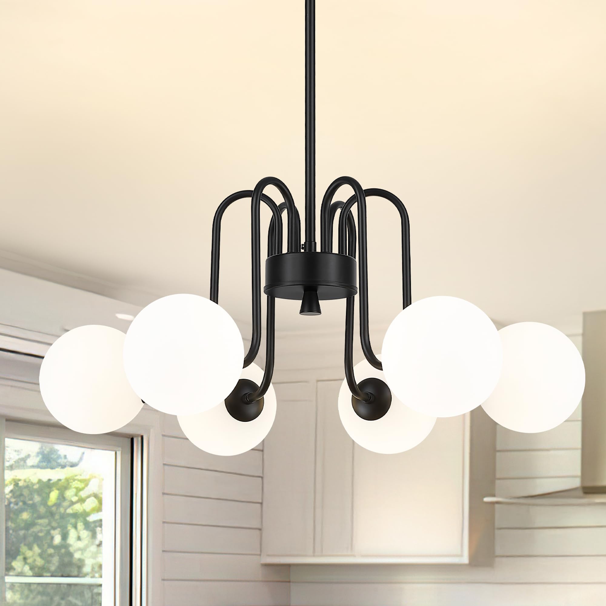 Cargifak Black Chandelier With Frosted Glass Globe, 6-Light Modern Pendant Light For Kitchen, Bedroom, Hallway, Living Room,Ckpl