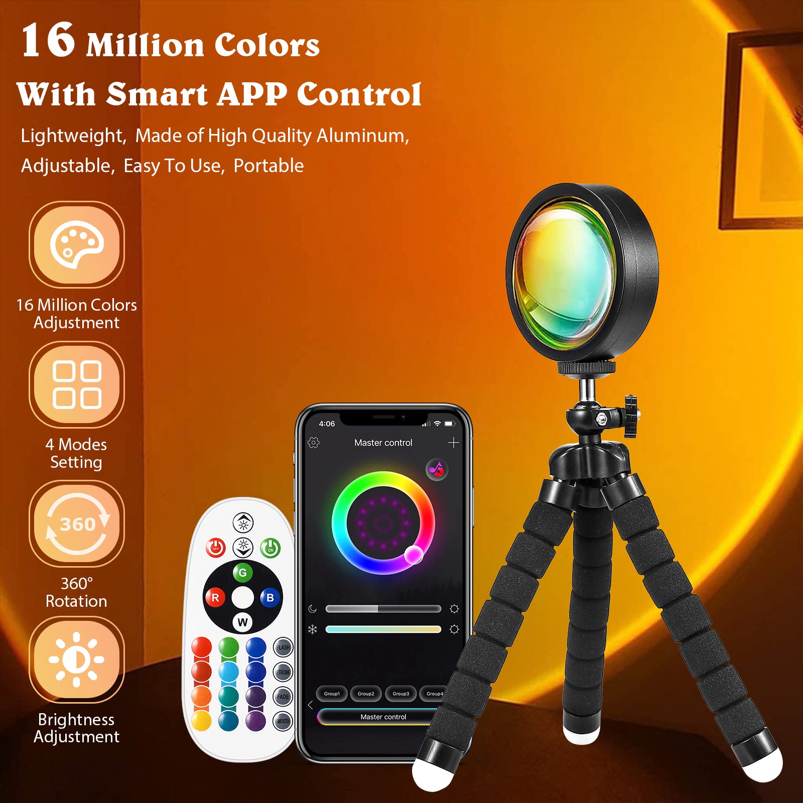 Hugomova Sunset Lamp Projector, Multiple Colors Sunset Lamp With App & Remote Control,360 Degree Rotation Led Sunset Projection