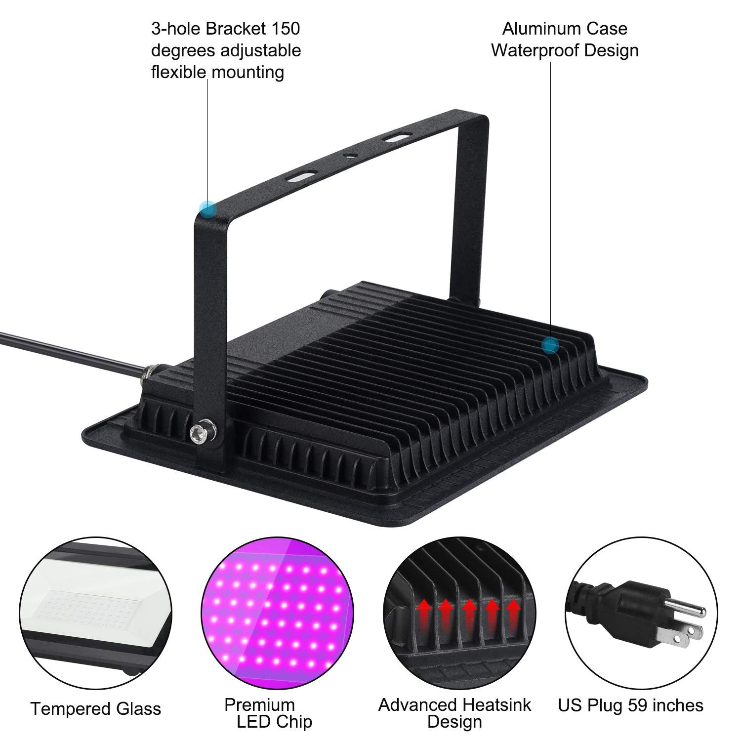 HWaySoul 100W LED Black Lights Flood Light, 6ft Cable, Aluminum, 2 Count, Black, Model BL100